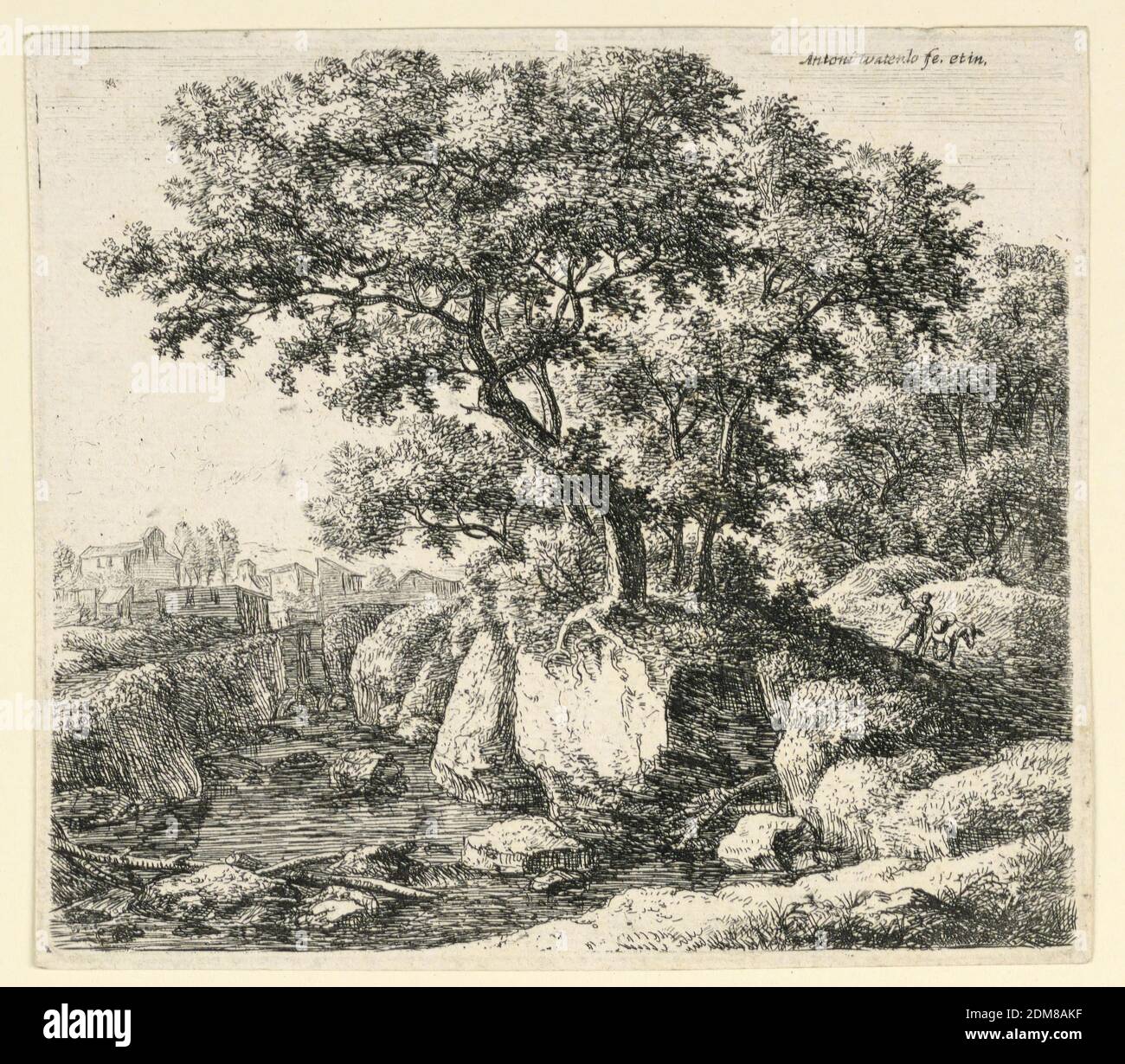 Grandi alberi sulle rocce da un torrente poco profondo, Antoni Waterloo, 1618–1677, incisione su carta, grandi alberi si trovano su rocce che confinano con un flusso poco profondo, a sinistra, beyong che è un villaggio. Un uomo con un mulo si avvicina alla destra., Paesi Bassi, Amsterdam, Paesi Bassi, ca. 1650, Stampa Foto Stock