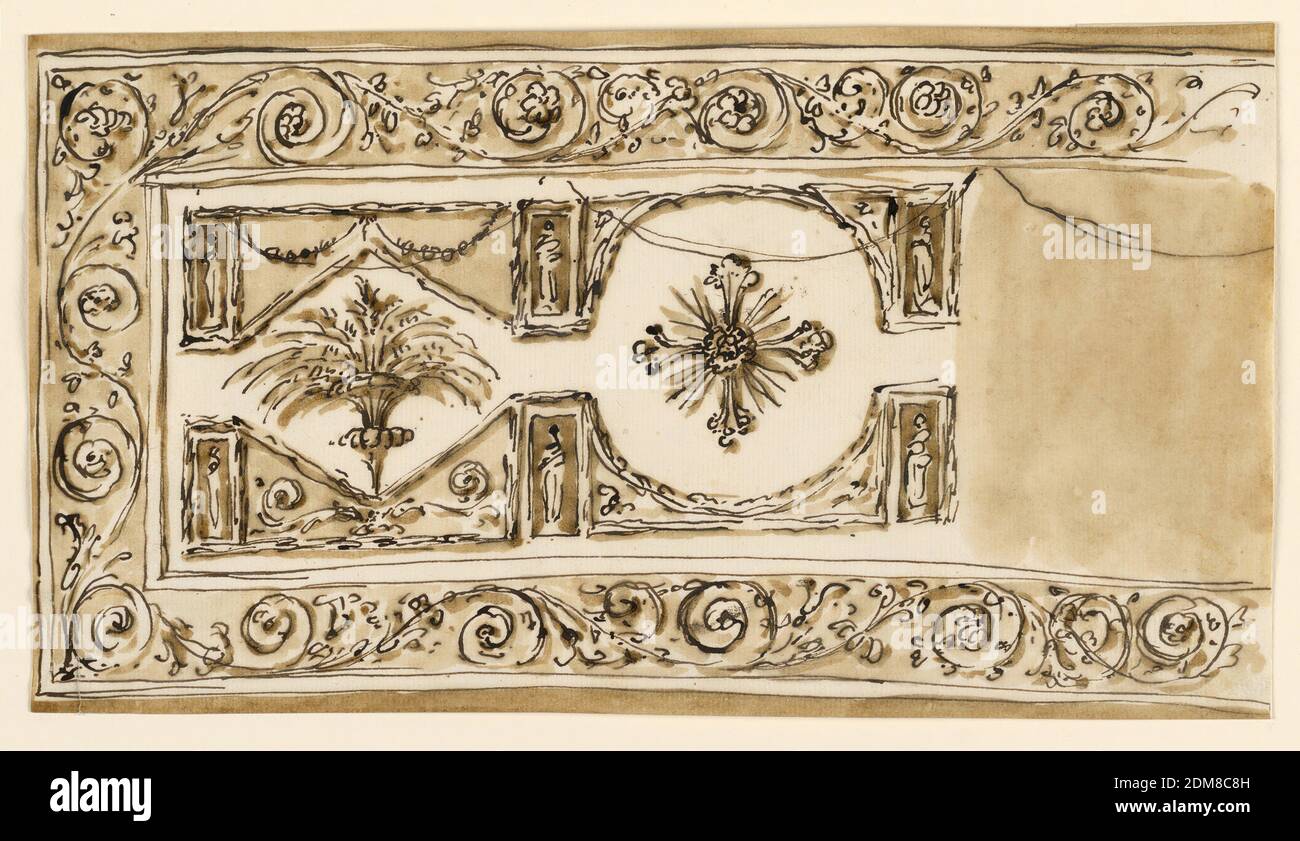 Disegno per una facciata frontale ricamata, Giuseppe Barberi, italiana,  1746–1809, penna e inchiostro marrone, pennello e lavaggio marrone su carta  leso biancastra, viene mostrato il lato sinistro. Il bordo incorniciato è  decorato