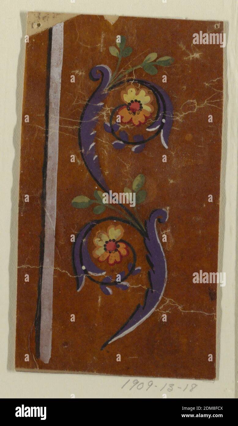 Disegno per un bordo verticale intrecciato, pennello e gouache su carta da ricalco oleosa, UN rinceau ascendente con due spirali alla cui sommità crescono i fiori è mostrato accanto a una striscia bianca con una linea d'ombra nera all'esterno., Francia, 1815–1830, disegno Foto Stock