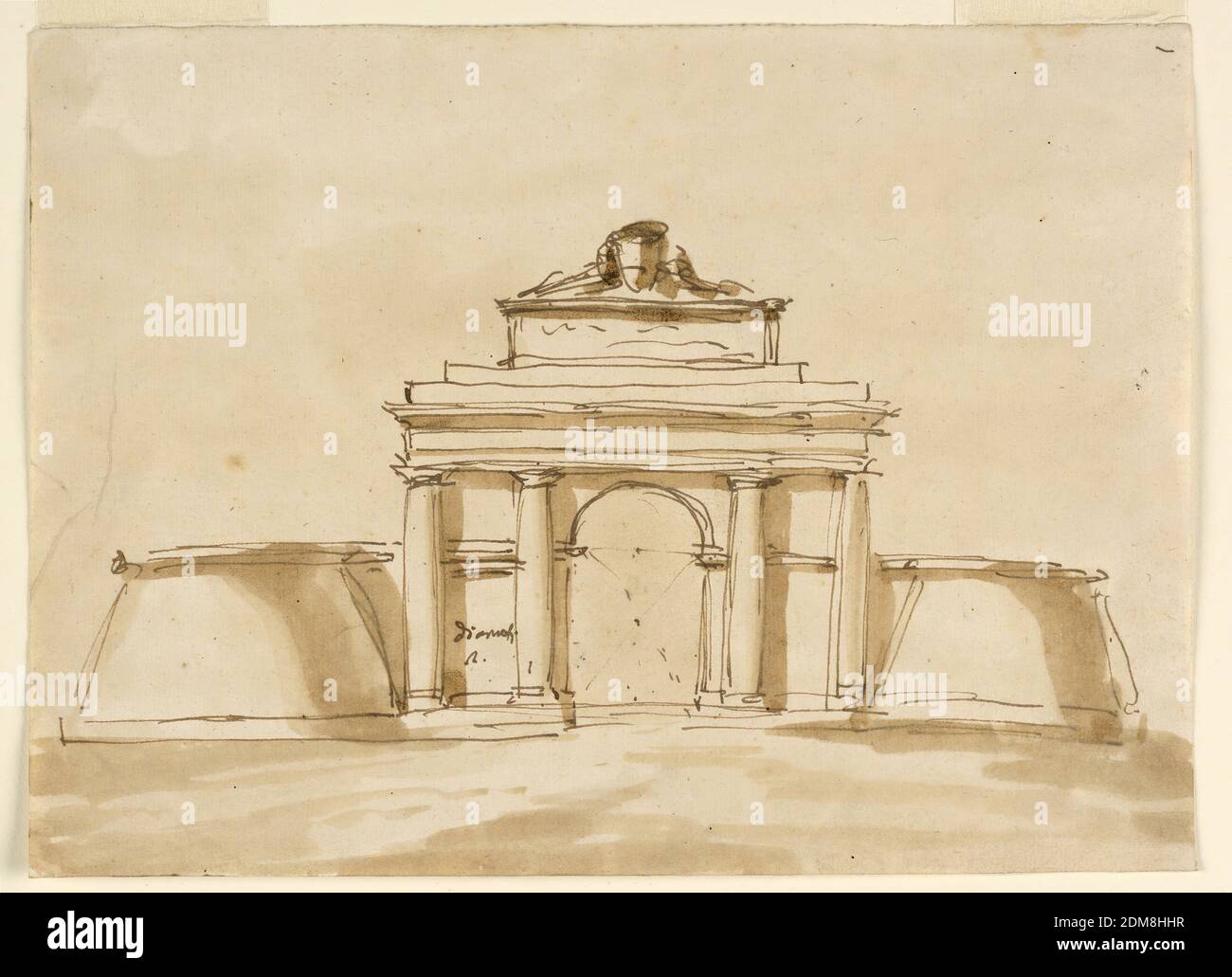 Porta della città, Giuseppe Barberi, italiano, 1746–1809, penna e inchiostro marrone, pennello e lavaggio marrone su carta lesa biancastra, fiancheggiata, porta ad arco fiancheggiata da pannelli a muro e coppie di colonne doriche. Scritto nel pannello a sinistra: 'Diametri / 2'. Tavoletta per iscrizione con frontone triangolare e scagliolo sulla parte superiore. Proiezioni a basso cono, lateralmente, Roma, Italia, 1780–1790, architettura, disegno Foto Stock