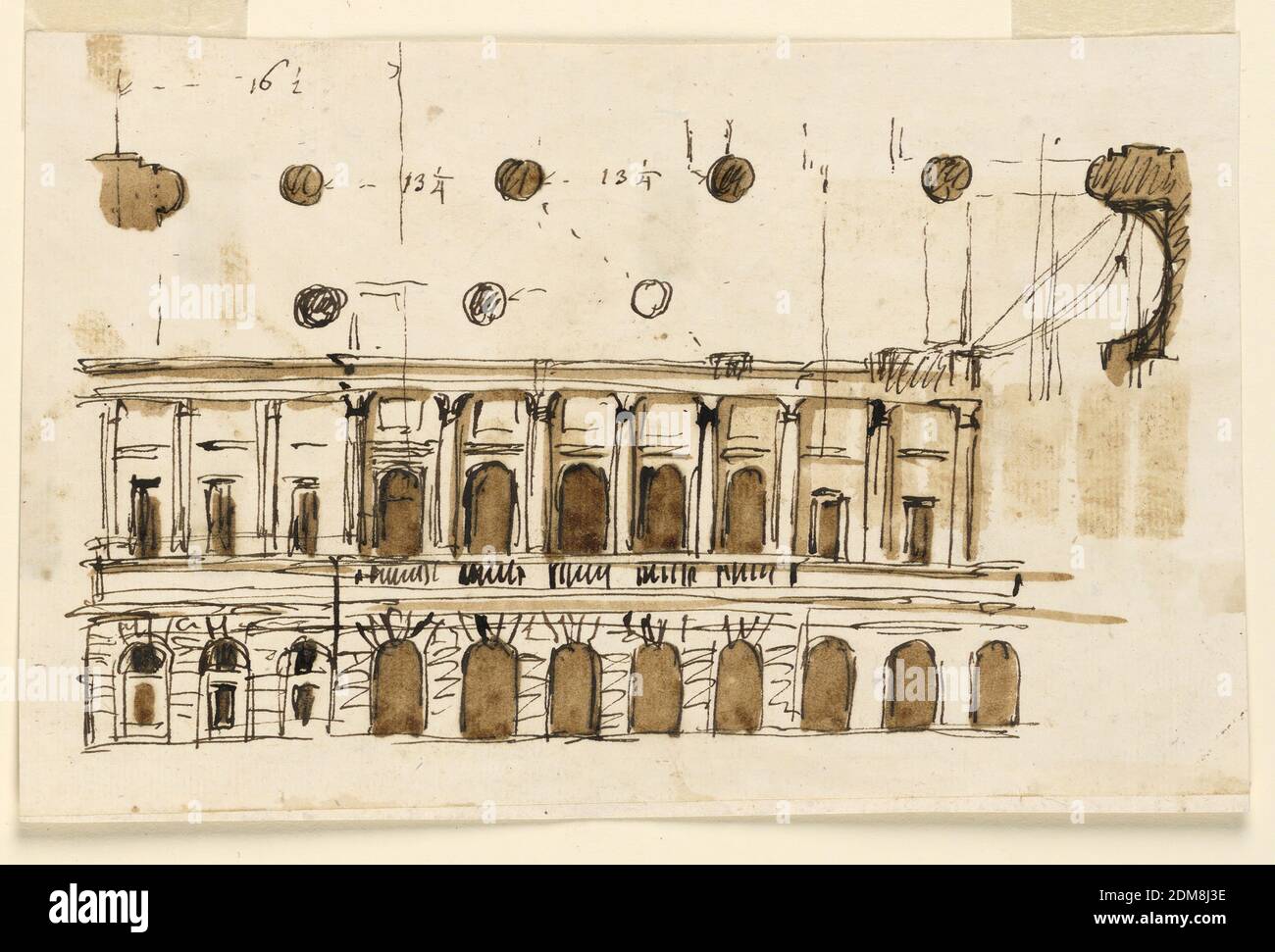 Elevazione di un palazzo comunale, Giuseppe Barberi, italiano, 1746–1809, penna e inchiostro marrone, pennello e lavaggio marrone su carta lignata biancastra, Roma, Italia, 1746-1809, architettura, disegno Foto Stock