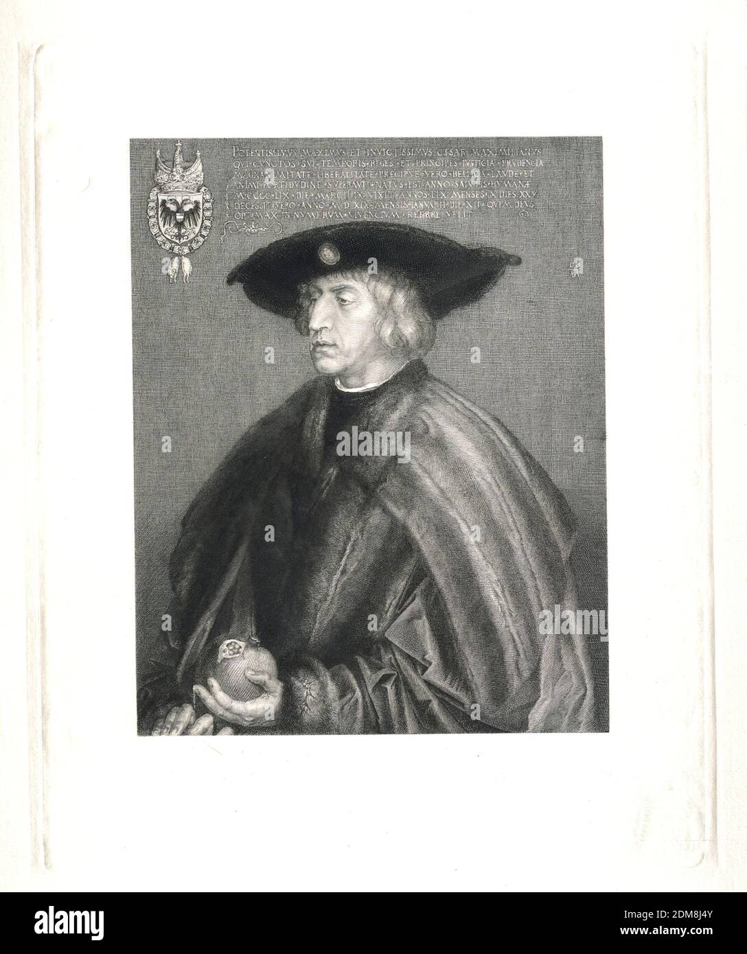 Massimiliano i, Victor Jasper, austriaco, 1848 - 1931, Albrecht Dürer, tedesco, 1471–1528, incisione in inchiostro marrone scuro su satin bianco, ritratto di Durer del 1519 dell'imperatore Massimiliano i (1459-1519) a Vienna. Il sitter visto frontalmente, girò un quarto a sinistra. Indossa un cappello a ciottoli e tiene un melograno nella sua mano destra., Germania, ca. 1880, Stampa Foto Stock