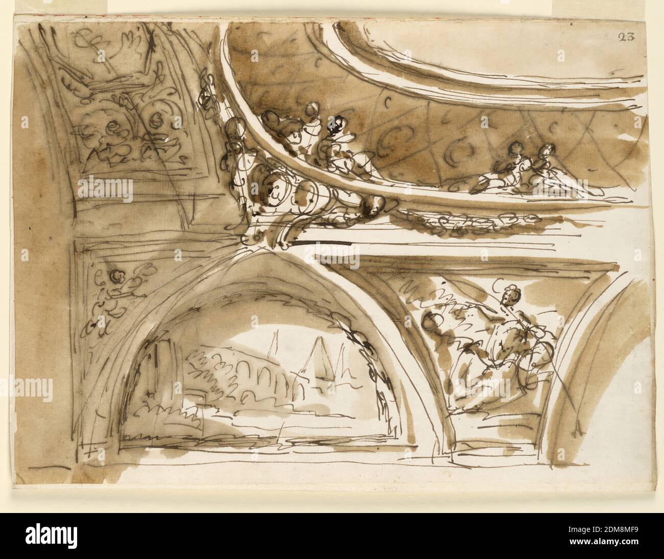 Disegno per la decorazione del soffitto, una volta del Barrel, Giuseppe  Barberi, italiano, 1746–1809, penna e inchiostro marrone, pennello e  lavaggio marrone su carta depilata biancastra, foderata, lo schema è quello  delle