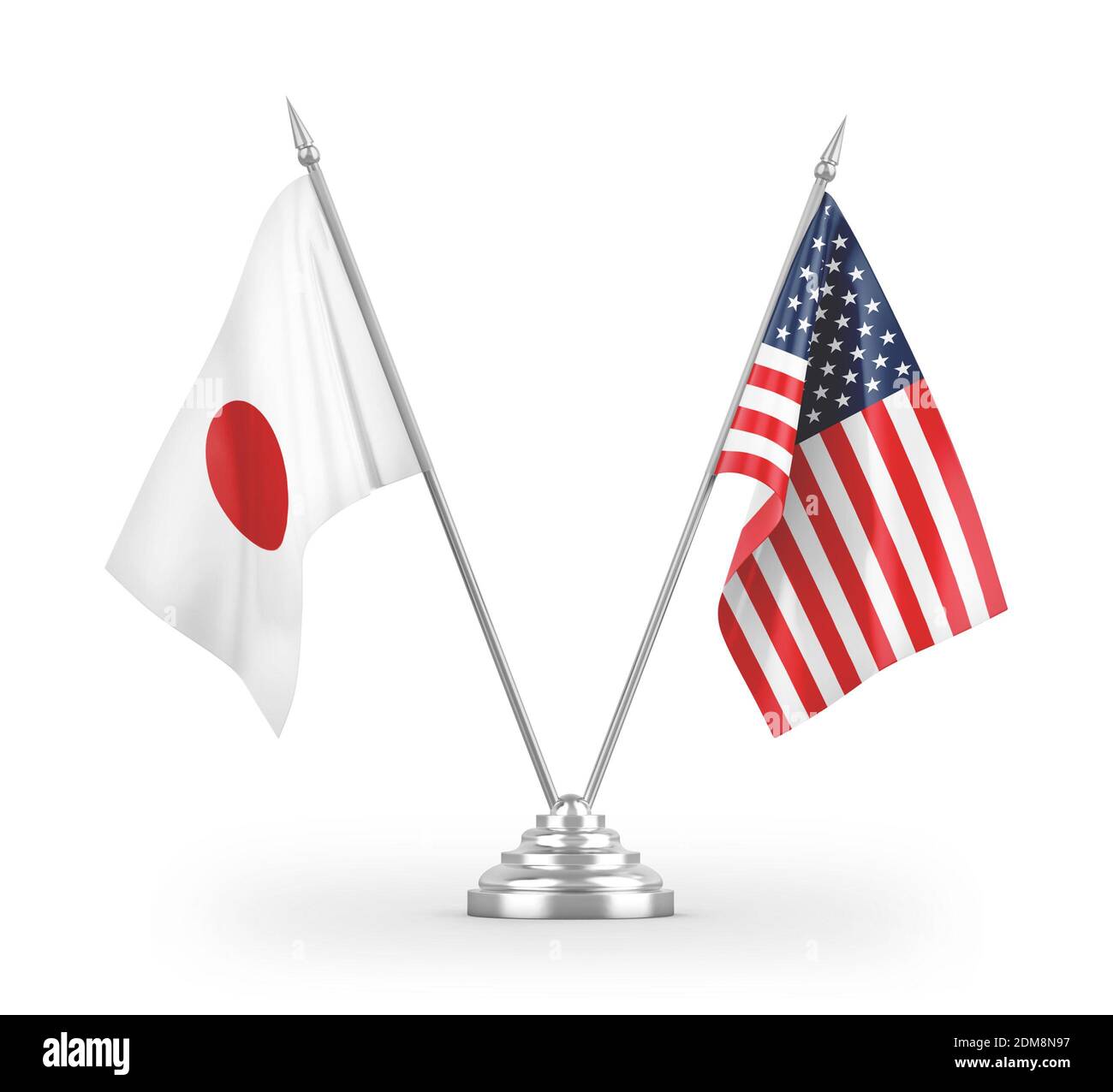 Bandiere da tavolo degli Stati Uniti e del Giappone isolate su 3D bianco rendering Foto Stock