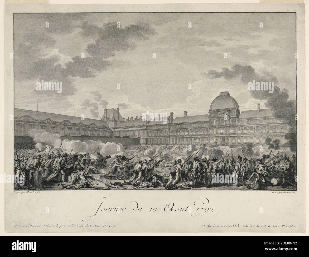 Storming of the Tuilleries Palace, Paris, 1792, Isidore-Stanislaus-Henri Helman, French, 1743 - 1809, Charles Monnet, French, 1732 - 1808, incisione su carta, soldati del popolo, indossare tormentate di marmotta il Palazzo delle Tuilleries, Parigi, dalla corte del Louvre., Parigi, Francia, 1793, Stampa Foto Stock