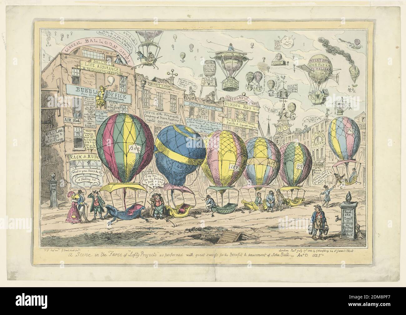 Una scena nella farsa di 'Lofty Projects', George Cruikshank, inglese, 1792 - 1878, incisione, pennello e acquerello su carta, UNA scena di strada londinese, con sei palloncini in procinto di salire per unirsi ad una serie di altri. Numerose didascalie esplicative. Qui sotto, titolo, nome dell'artista e dell'editore e data., Inghilterra, 1825, Stampa Foto Stock
