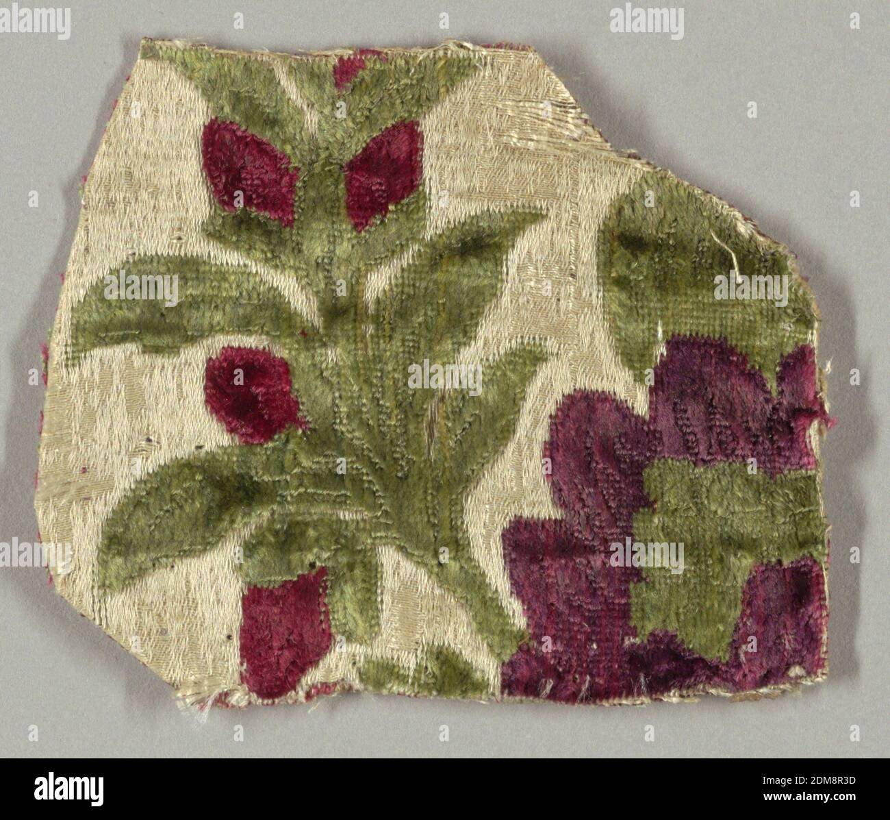 Frammenti, mezzo: Seta tecnica: Velluto tessuto con pelo tagliato e non tagliato, pezzi di velluto con fiori in rosso scuro, giallo scuro e verde scuro su gound bianco, Genova, Italia, XVII secolo, tessuti tessuti, frammenti Foto Stock
