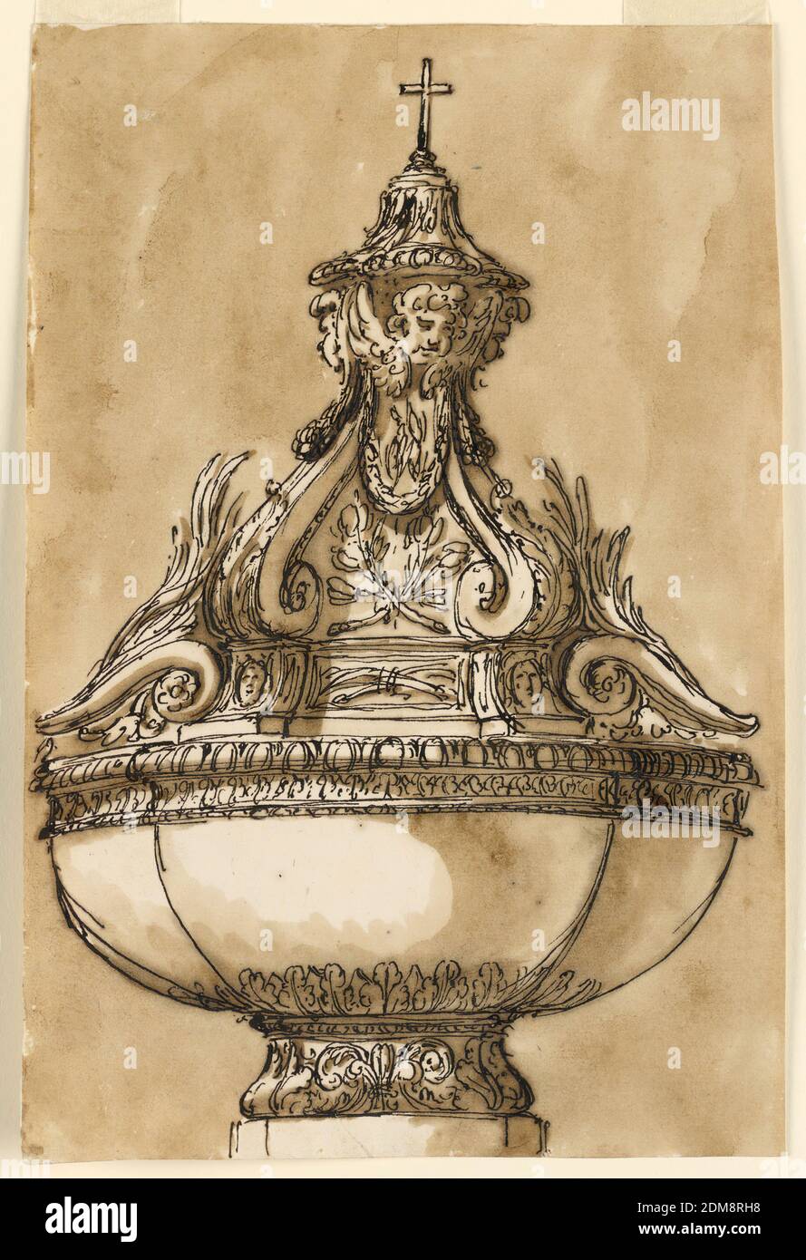 Design per fonte battesimale, Giuseppe Barberi, italiano, 1746–1809, penna e inchiostro marrone, pennello e lavaggio marrone su carta stampata biancastra, la ciotola è una variante di quella del -1405. Il coperchio ha la forma di un supporto, con un diametro più largo al di sotto di quello superiore, dove una fila di quattro cherubini (tre sono visibili) sostiene una sorta di base con una croce sulla sommità. Accanto al piedistallo si trovano cornici con spirali rivolte verso l'interno e con rami di palma posti su di loro. Solite background., Roma, Italia, ca. 1775, architettura, disegno Foto Stock