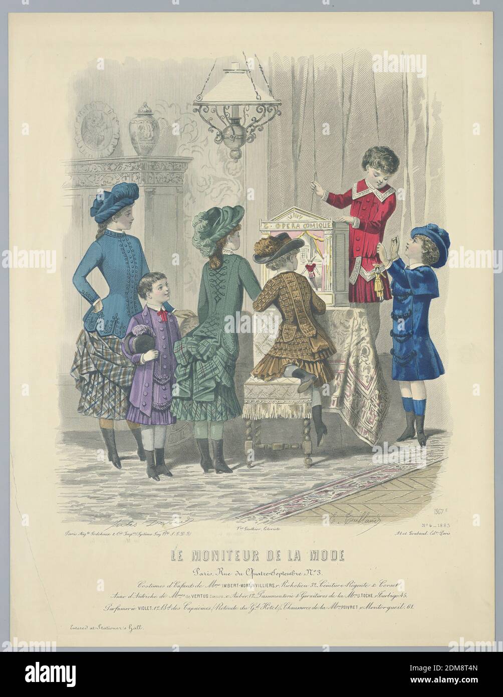 Piatto di moda da le Moniteur de la Mode, E. Gailland, francese, attivo 19 ° c., Jules David, francese, 1808 - 1892, Abel Goubaud et Fils, francese, attivo 19 ° c., incisione, pennello e acquerello su carta, sei bambini che giocano con un teatro di burattini 'Opera Comique' prima di una tenda. Nome e data degli artisti e dell'editore riportati di seguito. Description on verso., England, 1883, Print Foto Stock