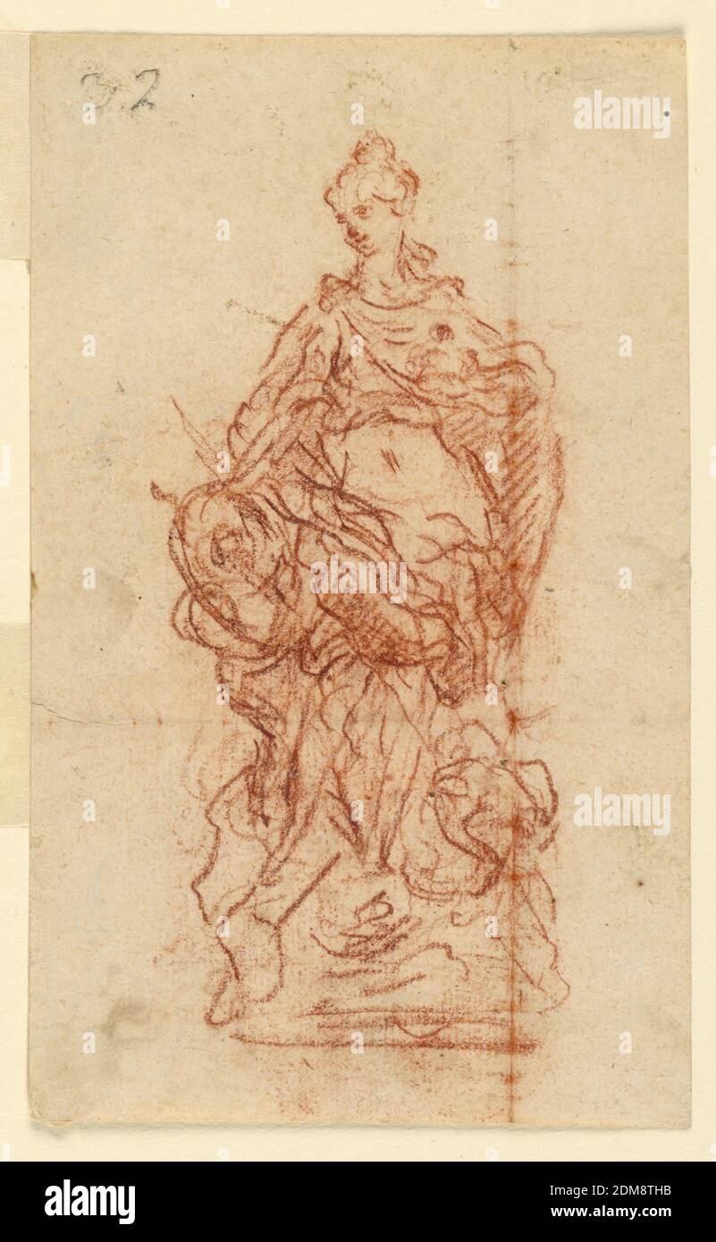 Studio preparatorio per la scultura della regina Leszczynska come Juno, Guillaume Coustou, francese, 1677 – 1746, gesso rosso su carta defilata (verso: Gesso rosso, penna e inchiostro), formato verticale. Una donna è mostrata in piedi tra due figure. La sua mano destra copre qualcosa portato da quello sinistro, forse un vaso. La parte superiore di un'altra figura è mostrata accanto al suo piede sinistro, verso: Due studi della testa dei ragazzi, e parte di un terzo. Uno è mostrato in profilo, rivolto verso sinistra; l'altro è in senso opposto e mostrato in tre quarti di profilo., Francia, 1726–31, scultura, disegno Foto Stock