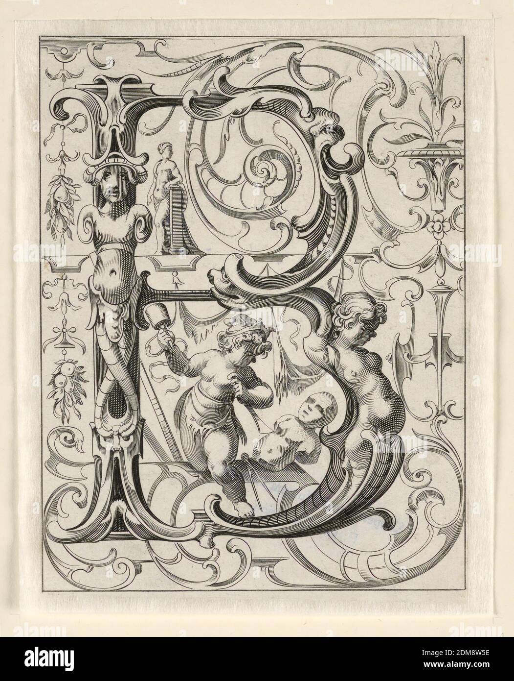 Pannello con la lettera 'B' del 'Newes ABC Büechlein', Lukas Kilian, tedesco, 1579 – 1637, incisione su carta defilata biancastra, due cariatidi formano la colonna verticale e la curvatura inferiore del B, con vari attributi di scultura e trofei ovunque., Augsberg, Germania, 1627, Stampa Foto Stock