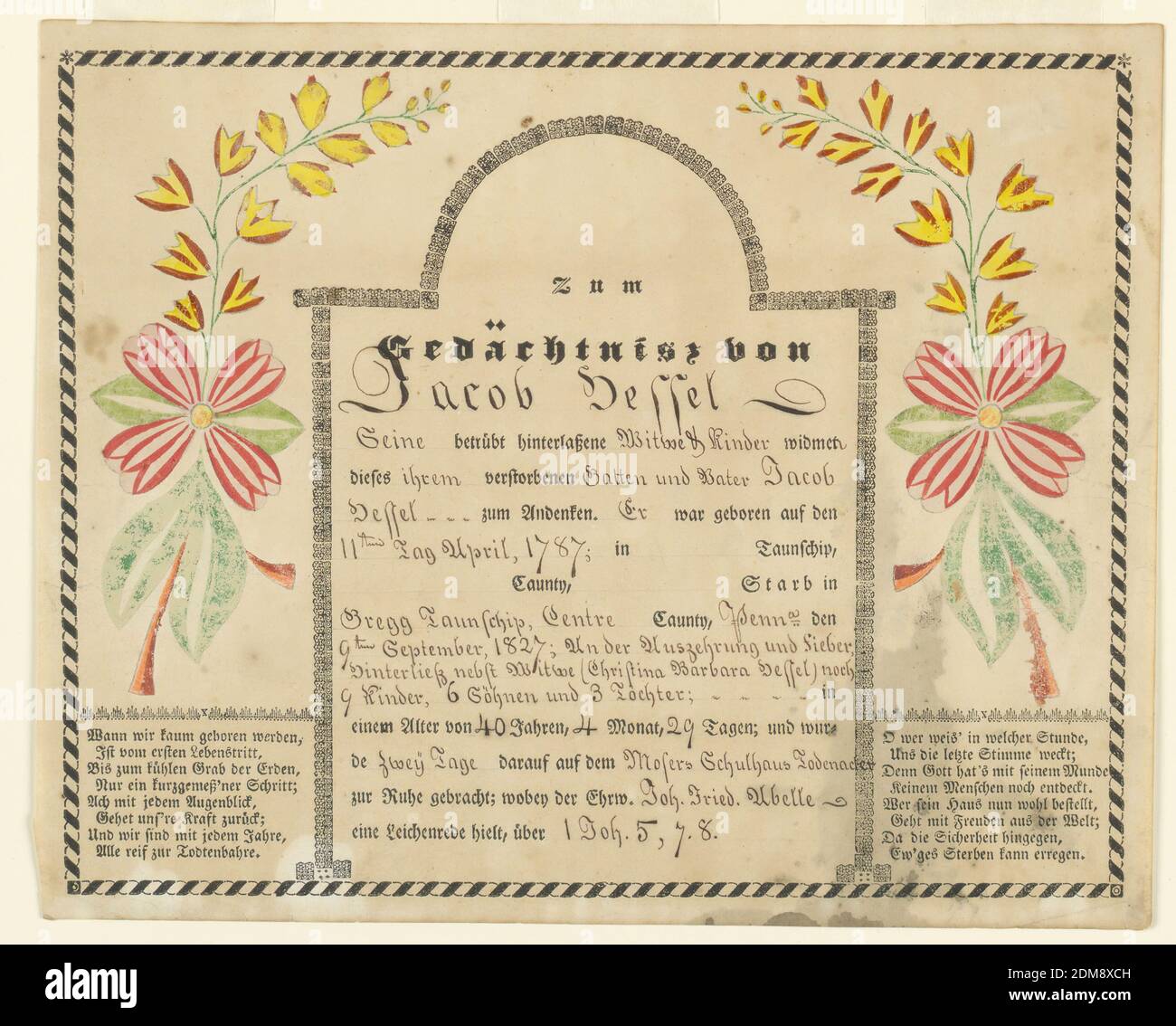 Fraktur: Gedächtniss (in memoria di) Jacob Hessel, Calligraphy in inchiostro marrone, pennello e acquerello su carta, bordi e forma parole stampate in nero. Nomi e date inseriti, in inchiostro: "Jacob Hessel, nato nel 1787, morto nel 1827, aveva nove figli." Spray di fiori identici di rosso, giallo, verde e arancione, in alto a sinistra e a destra., Pennsylvania, Stati Uniti, Parigi, Francia, ca. 1825, Calligraphy, Calligraphy Foto Stock