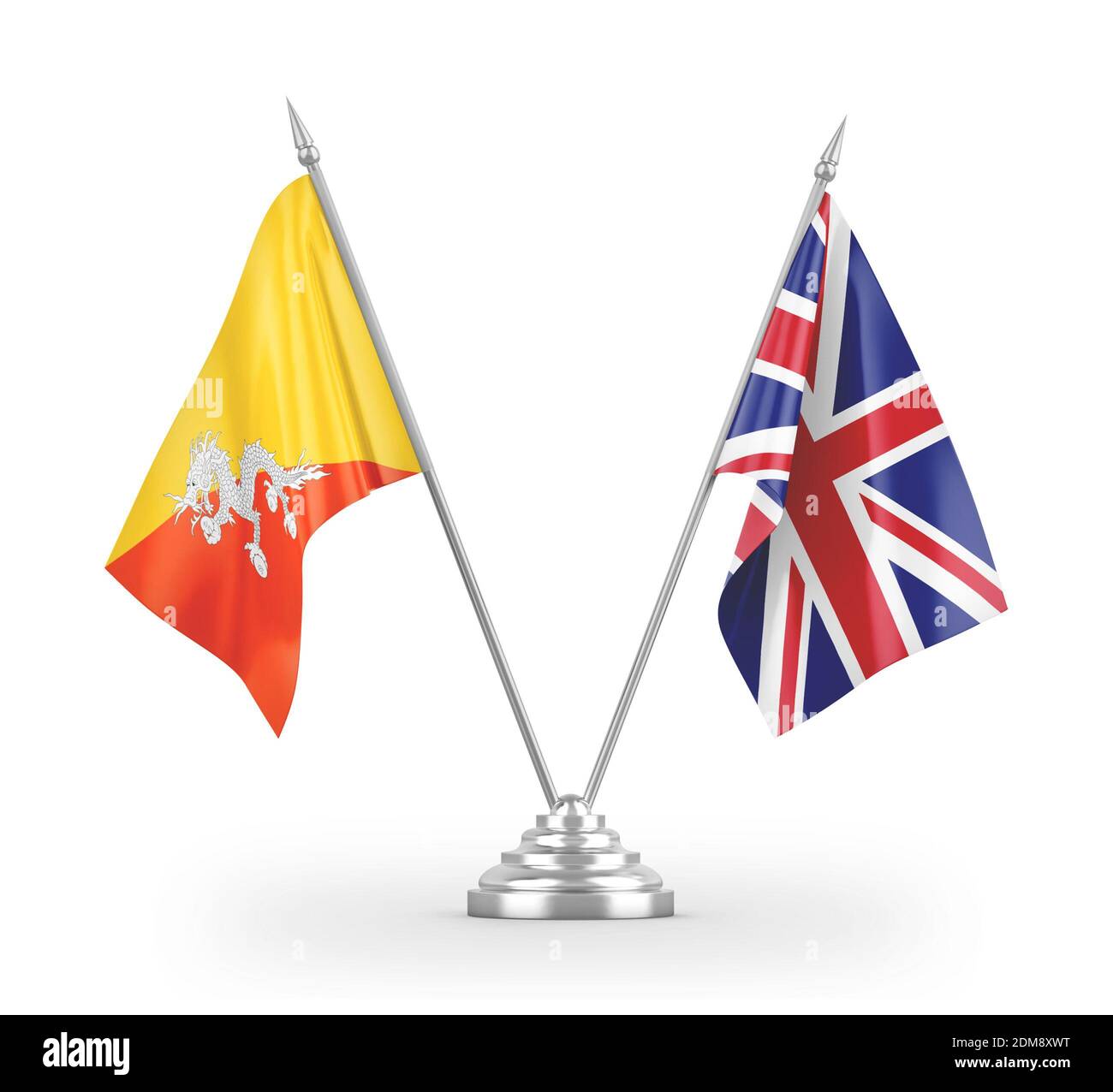 Bandiere da tavolo del Regno Unito e del Bhutan isolate su 3D bianco rendering Foto Stock