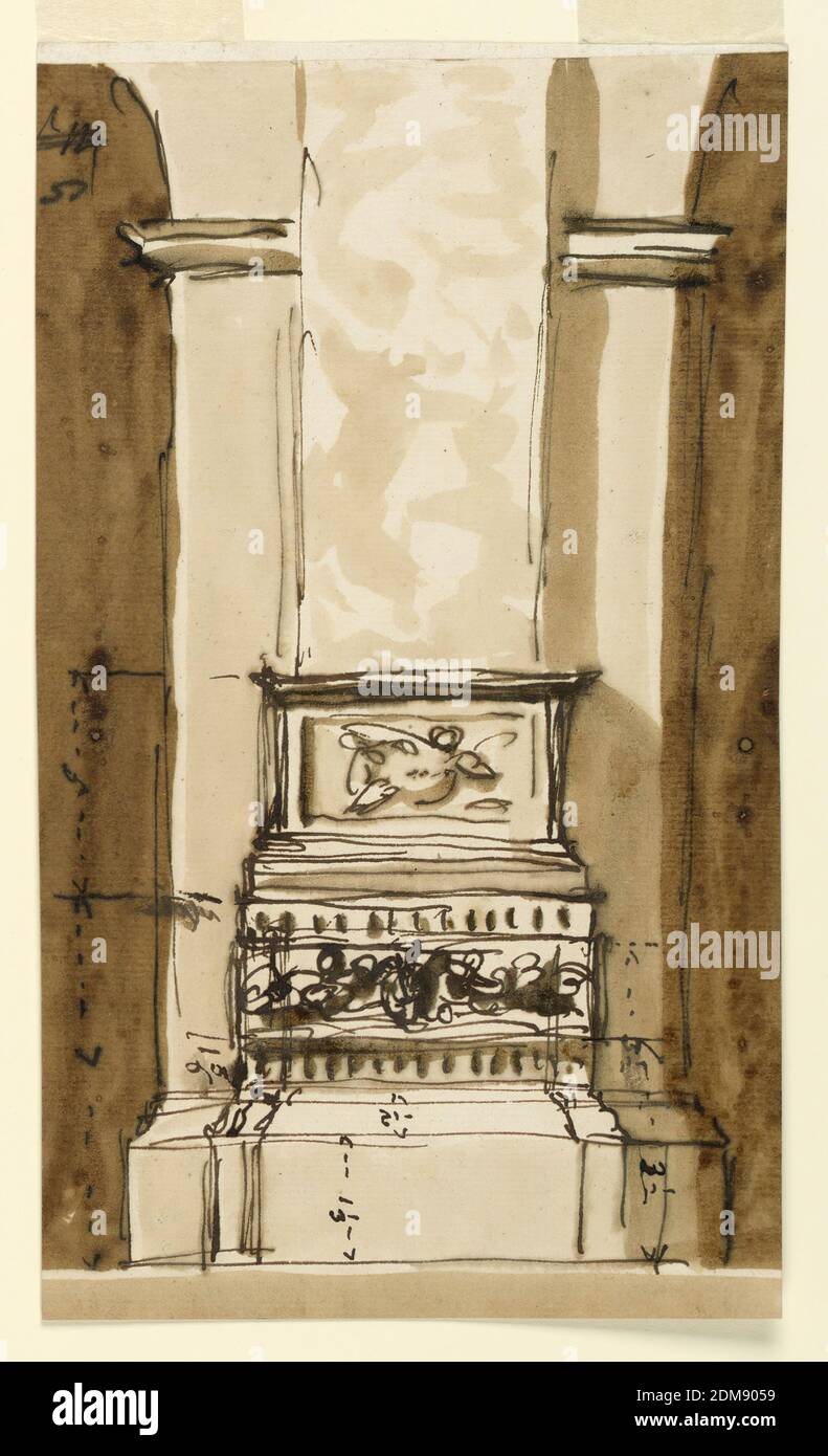 Piedistallo e base di un pilastro in una chiesa, Giuseppe Barberi, italiano, 1746–1809, penna e inchiostro marrone, pennello e lavaggio marrone su carta lastrata biancastra, foderata, il pilastro si trova sul lato interno di un pilastro che divide due navate. Di seguito è riportata la base comune. Sopra di essa si trova il piedistallo, costituito da un pannello scanalato con un'ampia fascia frontale, evidentemente decorato con uno stemma tra due angeli volanti. Sopra è un altro pannello incorniciato con una figura in esso. Le dimensioni delle singole parti sono scritte., Roma, Italia, ca. 1790, architettura, disegno Foto Stock