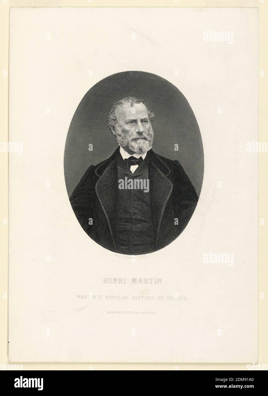 Ritratto di Henri Martin, Ferdinand Delannoy, incisione su carta, all'interno di un ovale è un ritratto di mezza lunghezza dello storico francese Henri Martin (1810-1883), mostrato frontalmente, il suo sguardo rivolto verso destra. Indossa una barba corta e una cravatta nera. Illustrazione della "Storia popolare della Francia" di Martin, USA, ca. 1880, Stampa Foto Stock