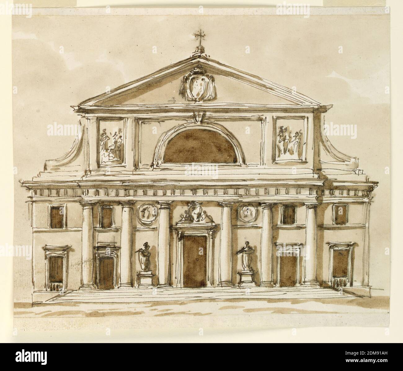 Elevazione di una chiesa, Giuseppe Barberi, italiano, 1746–1809, penna e inchiostro marrone, pennello e lavaggio marrone su carta leso biancastra, una variazione del 1938-88-1236. Le differenze principali sono l'omissione delle sezioni laterali più retrostanti e l'allargamento della sezione centrale. Sono mostrate sei colonne che incorniciano tutte e tre le porte. Le finestre sono nelle sezioni laterali., Roma, Italia, 1796, architettura, disegno Foto Stock