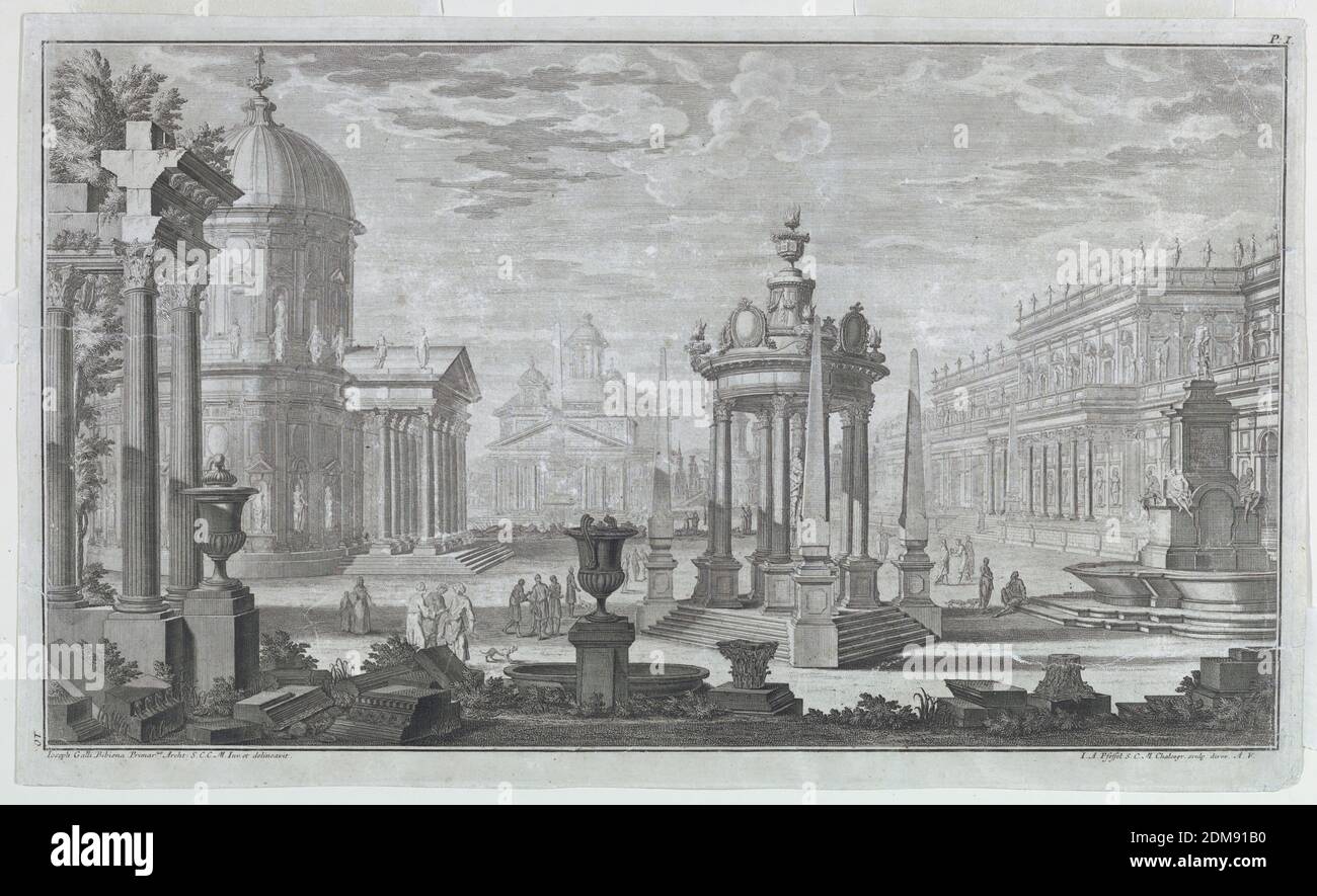 A 'Forum', Johann Andréas Pfeffel, tedesco, 1674–1748, Giuseppe Galli Bibiena, italiano, 1696–1756, incisione su carta, targa 10 della prima parte dell''architettura e Prospettiva', pubblicata da Joh. Andreas Pfeffel (1674-1748)., Italia, 1740, architettura, Stampa Foto Stock