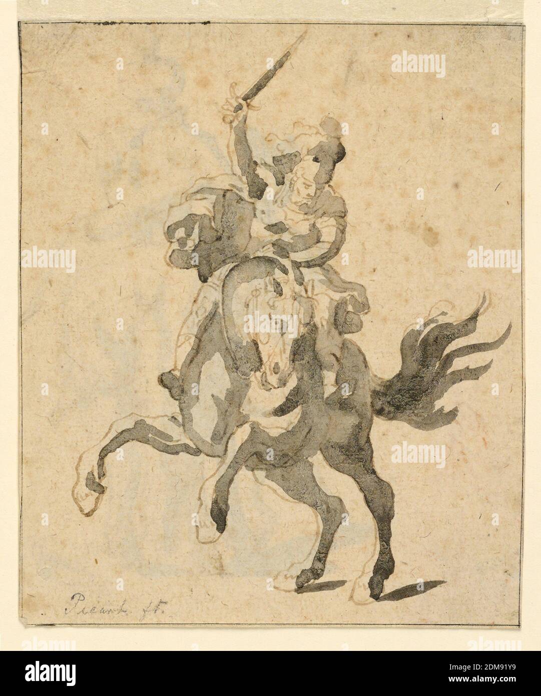 Figura su un cavallo di allevamento, penna e inchiostro, pennello e lavaggio su carta, Figura su un cavallo di allevamento, Francia, 17 ° secolo, disegno Foto Stock