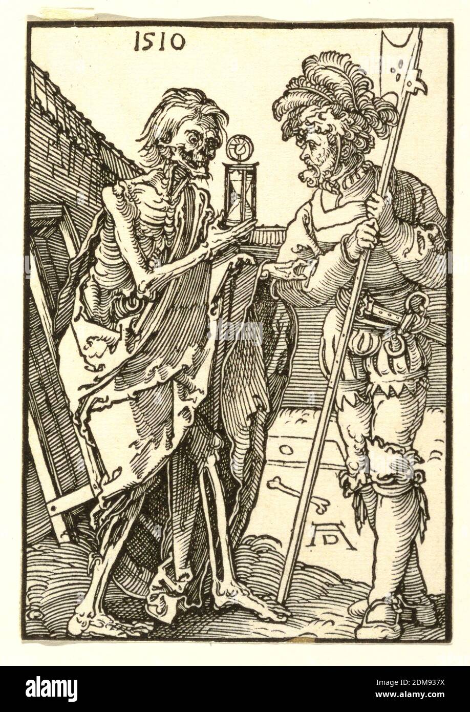 Death and the Lansquenet, Albrecht Dürer, tedesco, 1471–1528, Woodcut su carta, due figure in piedi in primo piano all'interno di un bordo nero; a sinistra, il personaggio della morte come scheletro in abiti, presenta il Lansquenet, a destra, con una clessidra. Datato 1510 in alto a sinistra, firmato 'ad' in basso a destra., Germania, 1510, cifre, Stampa Foto Stock