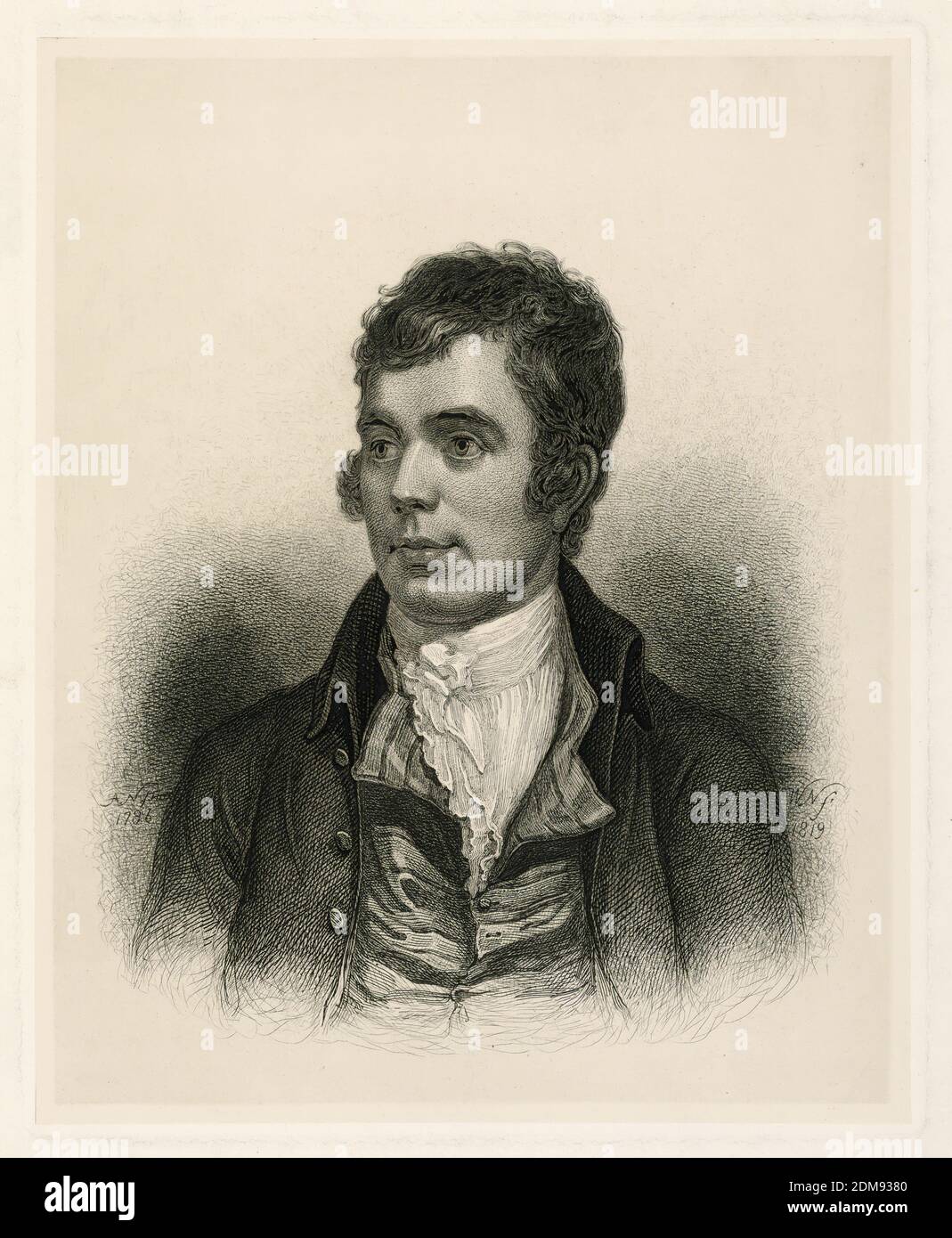 Ritratto di Robert Burns, William Nicholson, British, 1781 - 1844, incisione su carta, ritratto a mezza lunghezza del poeta scozzese Robert Burns (1759-1796), mostrato rivolto frontalmente, il suo sguardo rivolto leggermente a sinistra. Il suo gilet è mezzo unbottoned, rivelante un stock bianco di lino., Inghilterra, 1819, Stampa Foto Stock
