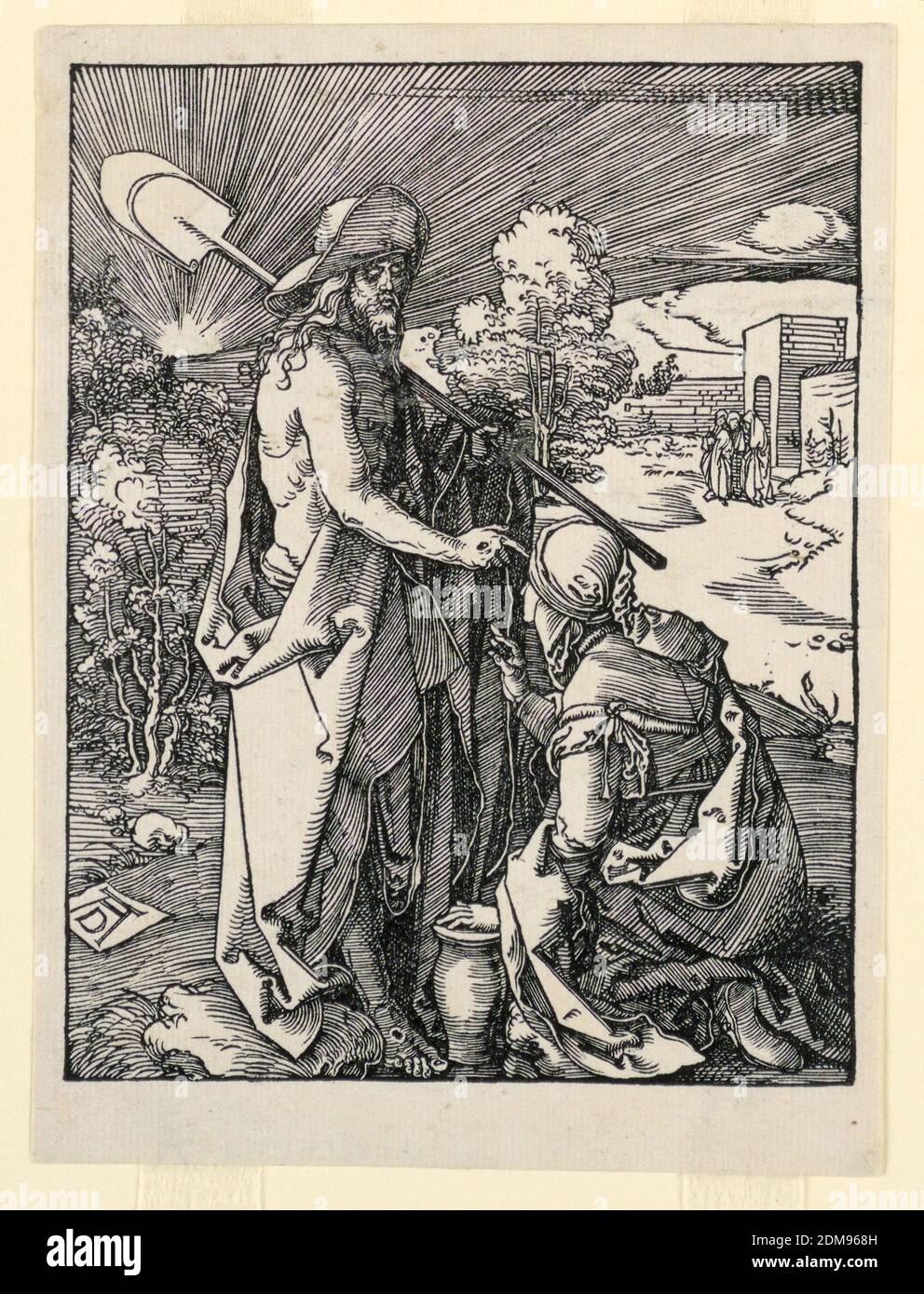 Noli me Tangere (Cristo apparendo a Maria Maddalena), dalla Serie della Passione piccola, Albrecht Dürer, tedesco, 1471–1528, Woodcut su carta bianca, Mary Magdalen si inginocchia a destra. Cristo appare davanti a lei, a sinistra, indossando un grande cappello e portando una pala sulla spalla sinistra. Figure in background. Monogramma di Dürer, in basso a sinistra., Germania, 1509–11, figure, Stampa Foto Stock