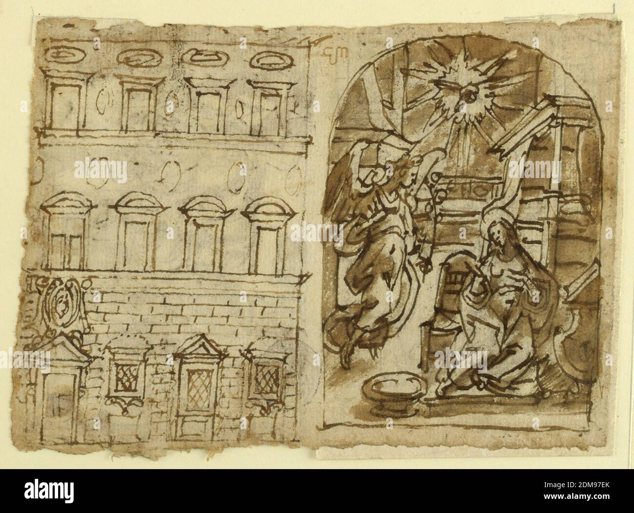 Pagina di un libro di schizzo; elevazione del palazzo, Annunciazione, ultima cena, Jan van der Straet, chiamato Stradanus, fiammingo, 1523–1605, penna e inchiostro marrone, lavaggio marrone su carta depennata biancastra, rettangolo verticale. Verso, a sinistra: Una casa di tre piani e un attico mostra lavori rustici, la porta e tre finestre, la cui parte centrale è più grande delle altre. I piani superiori hanno quattro finestre ciascuna. A destra: Il contorno è un segmento. Gabriele si avvicina da sinistra alla Vergine, che è seduta accanto ad un leggio. Un letto e un camino sono ai lati lunghi della stanza, un pezzo di arredamento alla parete posteriore Foto Stock