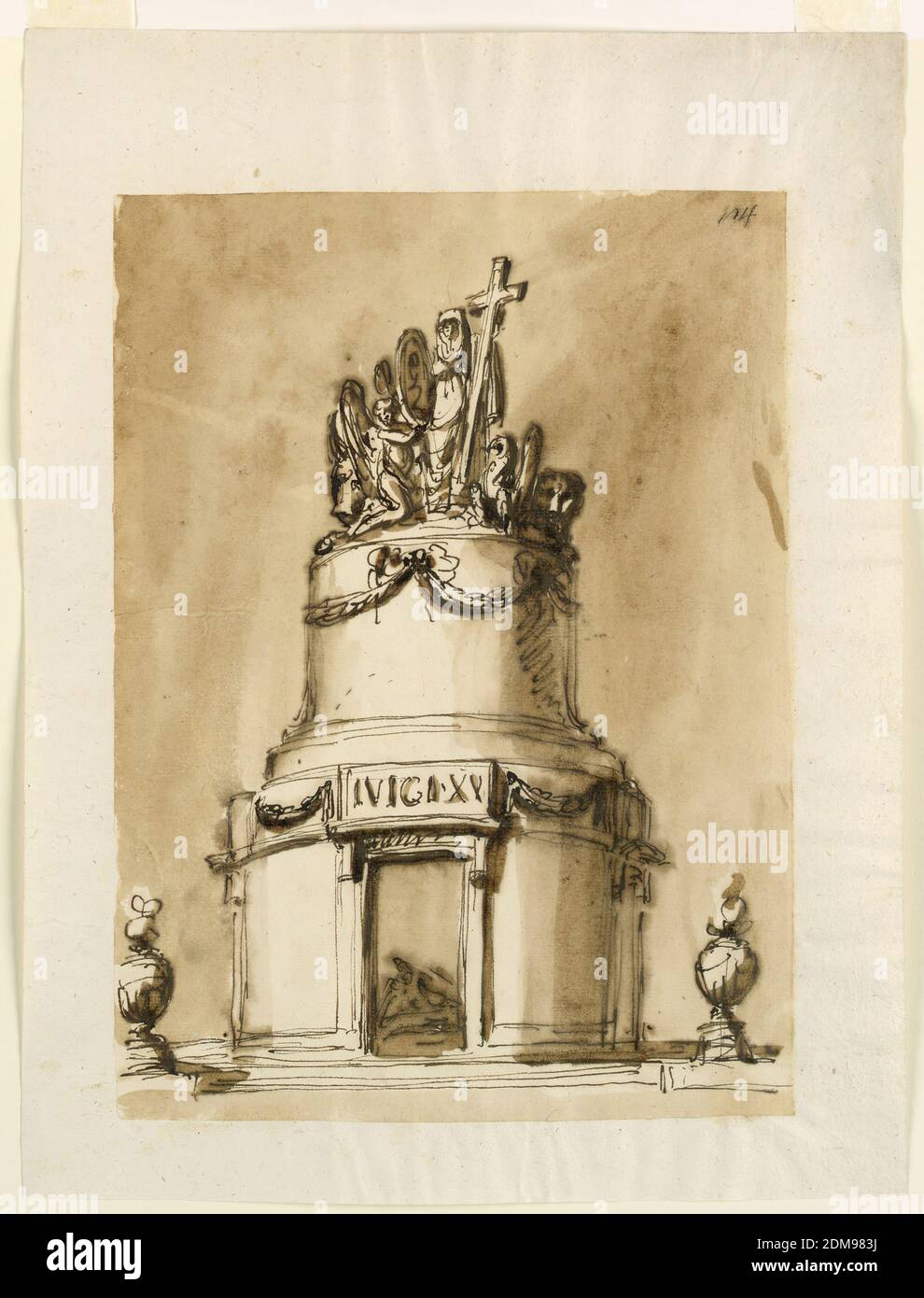 Monumento di Re Luigi XVI di Francia, Giuseppe Barberi, italiano, 1746–1809, penna e inchiostro marrone, pennello e lavaggio marrone su carta a righe bianche, una variazione del 1938-88-1302. Anche la parte inferiore della struttura è circolare. La porta anteriore ha un'entablature supportata da console. Si trova alla stessa altezza di un'entablatura dei pannelli e delle porte laterali. Sopra si trova un fregio con compresse sopra le porte e festoni sopra i pannelli., Roma, Italia, ca. 1795, architettura, disegno Foto Stock