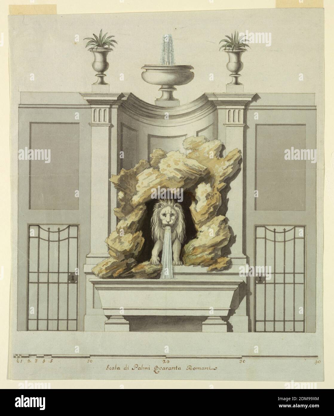 Disegno per una fontana del muro, penna e inchiostro marrone, pennello e acquerello su carta deformata biancastra, l'acqua scorre dalla bocca di un leone che si trova in una caverna in un bacino a forma di sarcofago. Fontana incorniciata da una nicchia che è sormontata da una fontana e due piantatrici. A sinistra, una porta chiusa., Italia, 1750–1800, architettura, disegno Foto Stock