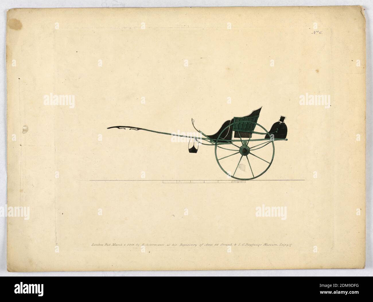 Carrozza, R.Ackermann & I.G. Beygangs, incisione, pennello e acquerello su carta, una cabina verde con sedili neri; una ruota sul retro per equilibrarla quando non agganciata. Due ruote grandi su un assale sotto il sedile. I nomi e la data degli editori qui sotto., Londra, Inghilterra, 1801, trasporto, Stampa Foto Stock