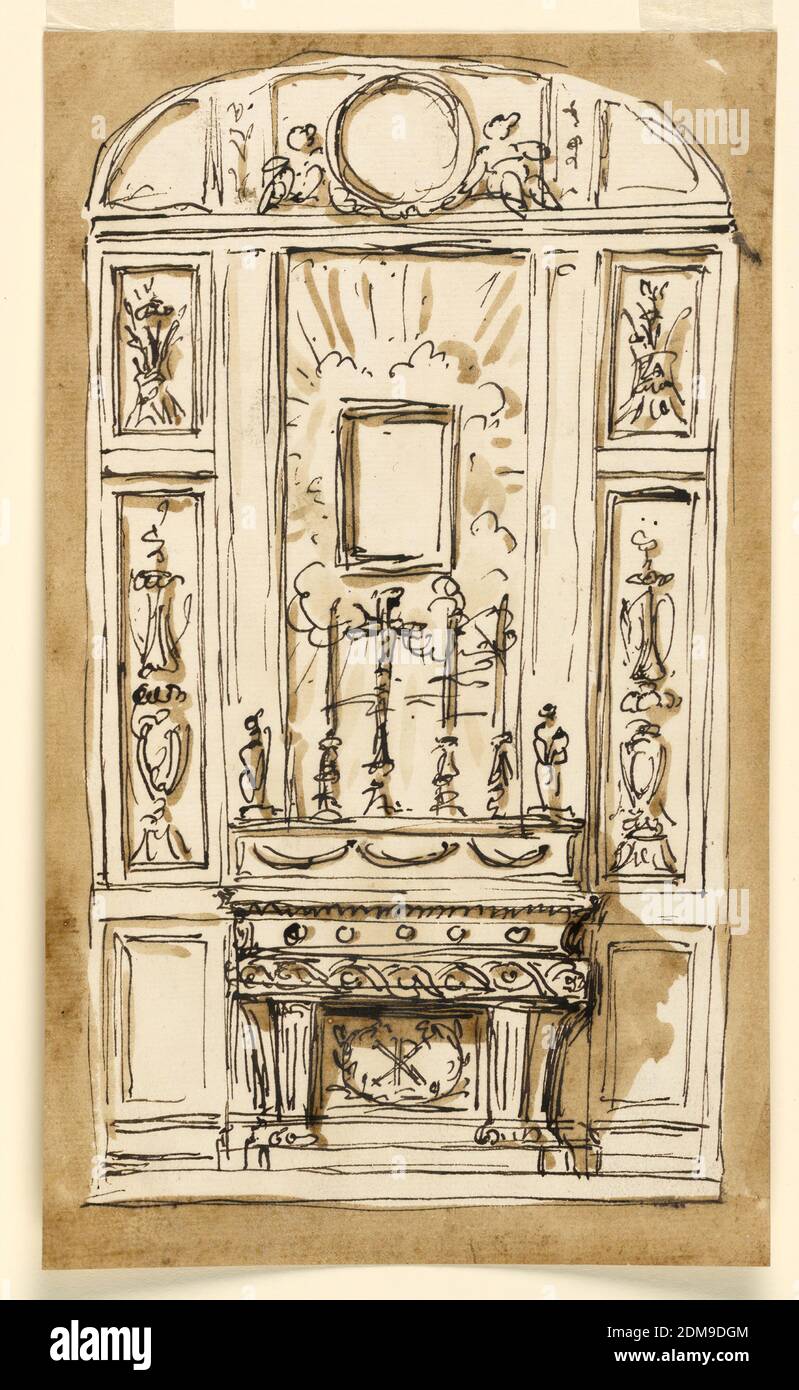 L'elevazione del muro di una Cappella privata con l'altare, Giuseppe Barberi, italiano, 1746–1809, penna e inchiostro marrone, pennello e lavaggio marrone su carta lesa biancastra, accanto alla mensa sono pannelli del dado. Il pannello tra il supporto porta un monogramma incorniciato da due rami incrociati. Gli arredi dell'altare sono decorati sul davanti con festoni. Sopra di essa si trova accanto ad un crocifisso, a sinistra una candela e una figura; a destra due candele e una figura. Le figure si trovano di fronte a strisce di pilaster che incorniciano il pannello centrale con una cornice per un'immagine, e una gloria come sfondo. Foto Stock