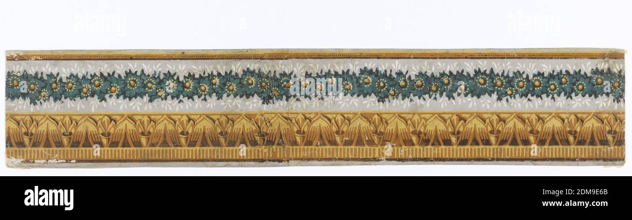 Bordo, stampa a blocchi, carta fatta a mano, rettangolo orizzontale. Carta di bordo, con stampaggio simulato a foglia sopra fascia ondulata di fogliame e fiori. Fascia figurata gialla lungo il bordo inferiore della carta., Francia, ca. 1820, Wallcoverings, bordo Foto Stock