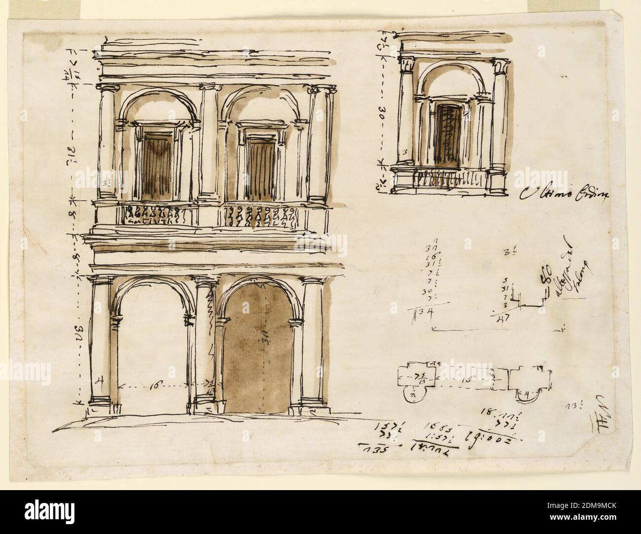 Facciata di una casa di città, Giuseppe Barberi, italiano, 1746–1809, penna e inchiostro marrone, pennello e lavaggio marrone su carta defilata biancastra, foderata, facciata di una casa di città., Roma, Italia, 1746–1809, architettura, disegno Foto Stock