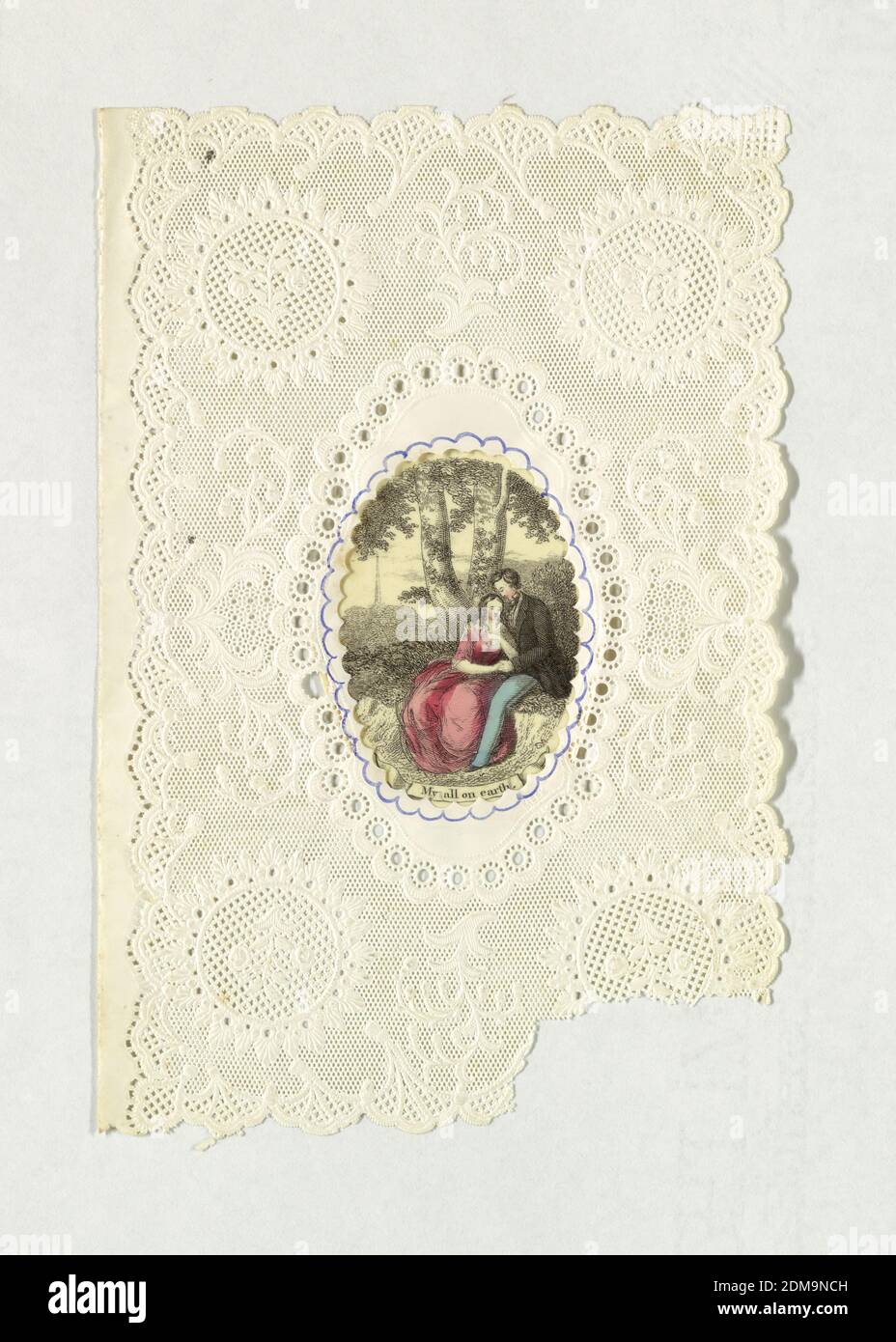 San Valentino saluto, incisione, pennello e acquerello su carta goffrata, al centro, paesaggio, con due amanti seduti vicino ad un grande albero. Iscritto sotto sulla stampa: 'My all on Earth'., Stati Uniti, ca. 1850, biglietto d'auguri, biglietto d'auguri Foto Stock