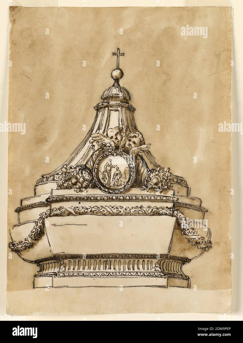 Disegno per un font battesimale, Giuseppe Barberi, italiano, 1746–1809, penna e inchiostro marrone, pennello e lavaggio marrone su carta stampata biancastra, la ciotola ha una pianta di un rettangolo, i cui lati corti sono sostenuti da mezzaluna. Esso è sostenuto da una base ottagonale, costituita da un basamento e da modanature, quella principale essendo scanalata. La ciotola ha un collo redentivo, con un ghirland che giace sulla spalla, sulla parte anteriore, e che pende giù come festoni. Il coperchio ha la forma di un tetto a piramide ottagonale, curvo, con una croce sulla sommità. Sotto, davanti ad esso, c'è un medaglione circolare Foto Stock