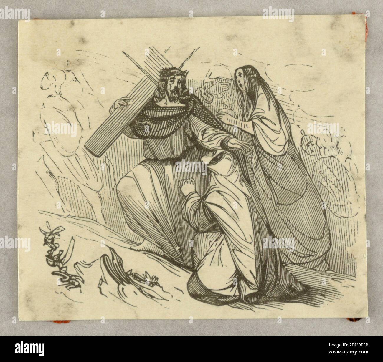 L'addio alle donne, incisione del legno sulla carta, Cristo che porta la croce, si rivolge alla Vergine inginocchiata e ad un'altra donna., Francia, 1840, Stampa Foto Stock