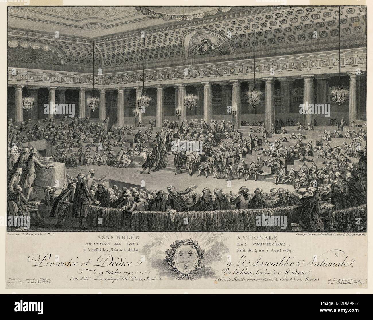 L'Assemblea nazionale a Versailles nel 1789, Isidore-Stanislaus-Henri Helman, francese, 1743 - 1809, Charles Monnet, francese, 1732 - 1808, incisione su carta, interno alla Sala dei Revels a Versailles, che mostra l'incontro dell' Assembleé Nationale, al quale i privilegi di nobiltà sono stati perduti., Parigi, Francia, 1790, Stampa Foto Stock