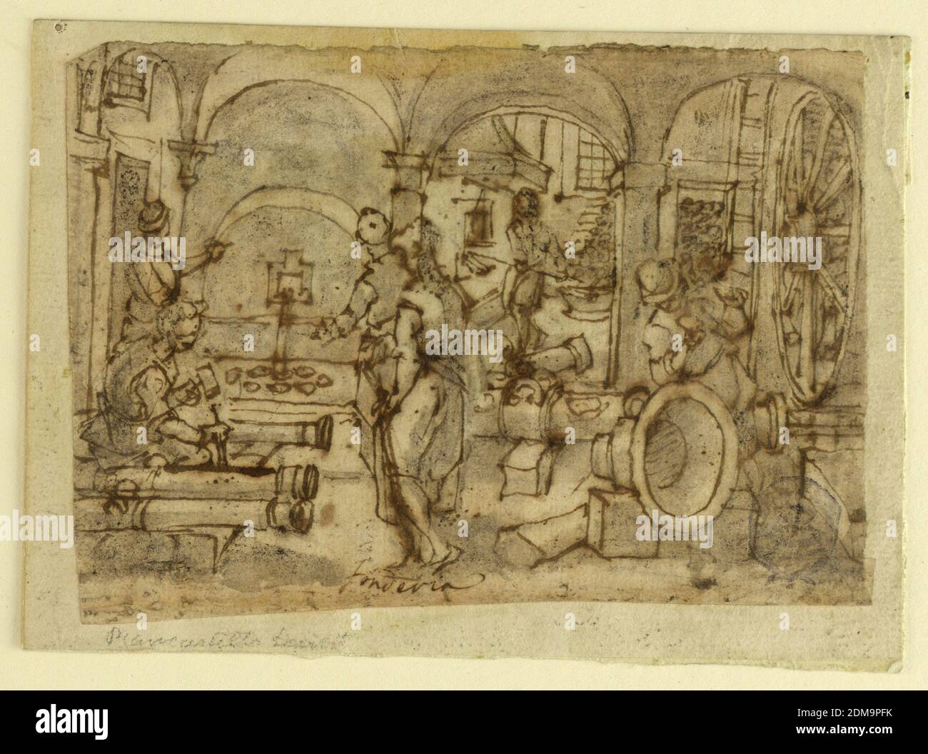 L'invenzione di Gunpowder, disegno per 'Pulvis Pyrius', pl. 3 nella serie di stampe Nova reperta (nuove invenzioni dei tempi moderni), Jan van der Straet, chiamata Stradanus, Flemish, 1523–1605, penna e inchiostro, pennello e lavaggio grigio, biestre, su carta, sei uomini stanno facendo canoni: Uno è un vigile del fuoco che lavora in una stanza sul retro; due canoni di finitura con scalpello e martello (uno un canone quasi completato, l'altro - un muso); due uomini in più sull'oblò; il sesto uomo si trova accanto ad un cannone lucidato che tiene un oggetto oblungo. Il metallo sta fluendo da un foro quadrato nella parete nel piano centrale sinistro Foto Stock