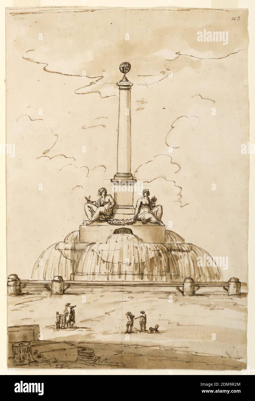 Disegno di una Fontana utilizzata da Paolo Emilio Barberi (1777-?) Come Concorso al Concorde Clementino del 1795, Roma (Accademia di San Luca), Giuseppe Barberi, italiano, 1746–1809, penna e inchiostro marrone, pennello e lavaggio marrone, grafite su carta leso biancastra, foderata, sotto sono due alti piedistallo, l'acqua che sgorga dai centri dei lati della tomaia in bacini di fronte a quelli della parte inferiore; sulla sommità si innalza una colonna con una sfera; accanto ad essa siedono obliquamente due donne, quella sinistra con un cerchio, quella destra con un martello (?); sono collegate da un festone Foto Stock