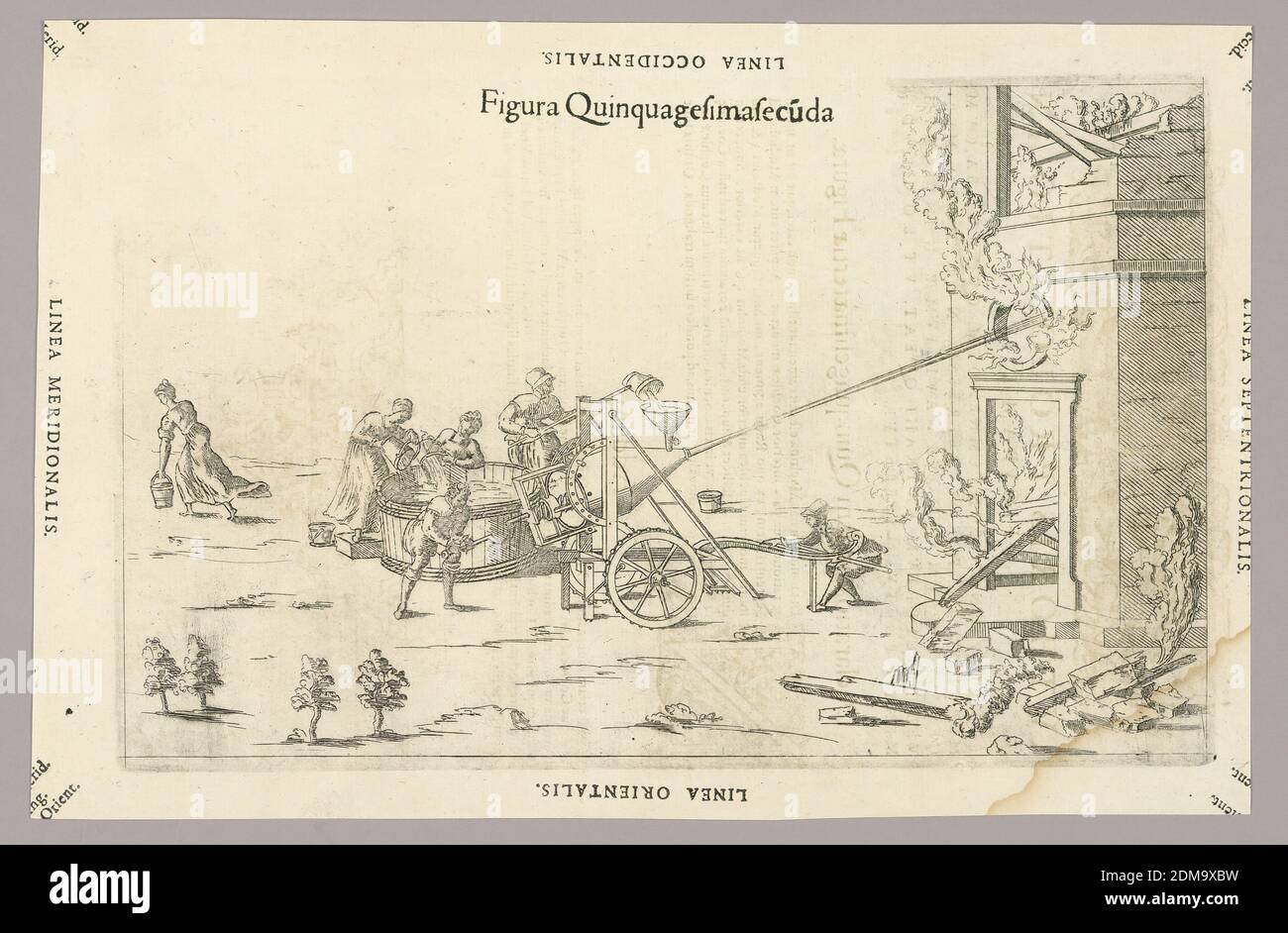 Piatto LII di Theatrum instrumentorum et machinarum, Julio Paschale, Woodcut su carta, una macchina, centro, spruzzando acqua su un fuoco, destra. Le donne riempiono un grande serbatoio d'acqua. Un uomo mette l'acqua da questo in un imbuto sopra il beccuccio della macchina. La macchina è lavorata da un uomo che non urna una vite e una piastra nella parte posteriore, al centro a sinistra. Descrizione in latino su verso di 1949-152-249., Lione, Francia, 1582, Stampa Foto Stock