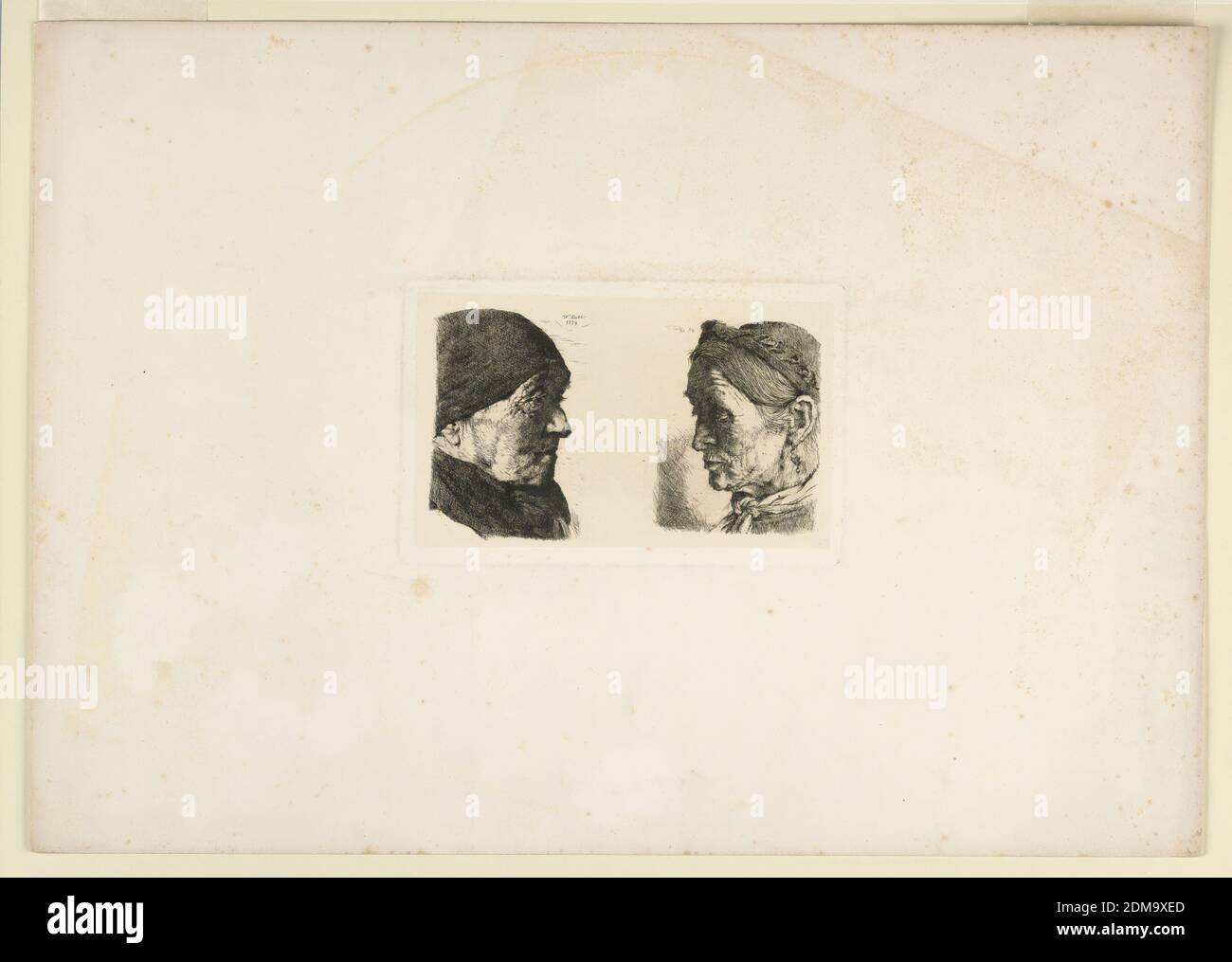 Due teste, Wilhelm Leibl, tedesco, 1844 - 1900, incisioni in inchiostro marrone scuro su carta, montate, due teste di un uomo anziano, sinistra, e una donna anziana, destra, rivolte l'una verso l'altra. Entrambi indossano cappelli a chiusura. Inscritto sopra, a sinistra: 'W. Leibl 1874" e a destra: "W.. Leible 74'., Germania, 1874, Stampa Foto Stock