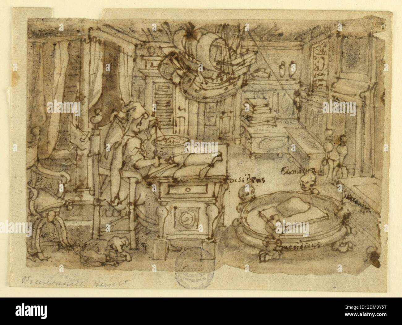 Invenzione della bussola, disegno preliminare per 'Lapis Polaris Magnes', lastra 2 nella serie di stampa Nova reperta (nuove invenzioni dei tempi moderni), Jan van der Straet, chiamata Stradanus, Flemish, 1523–1605, penna e inchiostro marrone, pennello e lavaggio marrone, gesso nero su carta, recto: Uno studioso nel suo studio riccamente arredato, seduto alla sua scrivania usando una bussola. (Nella relativa stampa è identificato come il leggendario Flavio di Amalfi, pensato per aver inventato la bussola). Una ciotola bassa si trova in primo piano destro, sostenuta da quattro piedi di leone sopra i quali le teste umane si innalzano Foto Stock