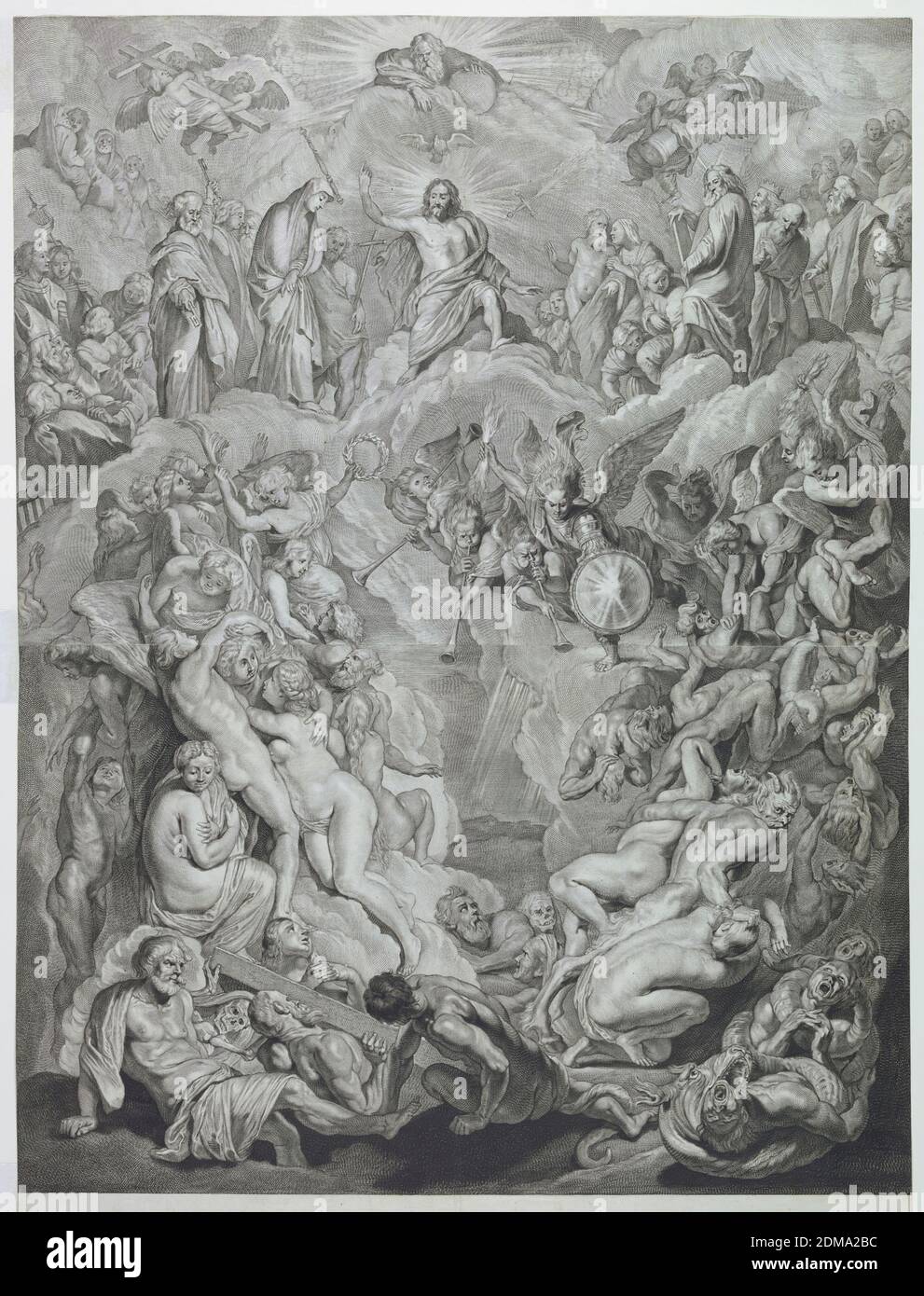 Il Giudizio universale, Frederick de Wit, olandese, attivo 1725 - 1775, Pieter Claesz Soutman, olandese, 1580 - 1657, Peter Paul Rubens, fiammingo, 1577 - 1640, Cornelis Visscher, Netherlandish, 1629-1658, incisione sulla carta, Cristo, con Dio Padre e la Colomba dello Spirito sono intronati su nuvole, Mentre i Santi e gli Apostoli si trovano da una parte e dall'altra. In basso, angeli con trombe e gli eletti e dannati., Anversa, Paesi Bassi, ca. 1650, Stampa Foto Stock