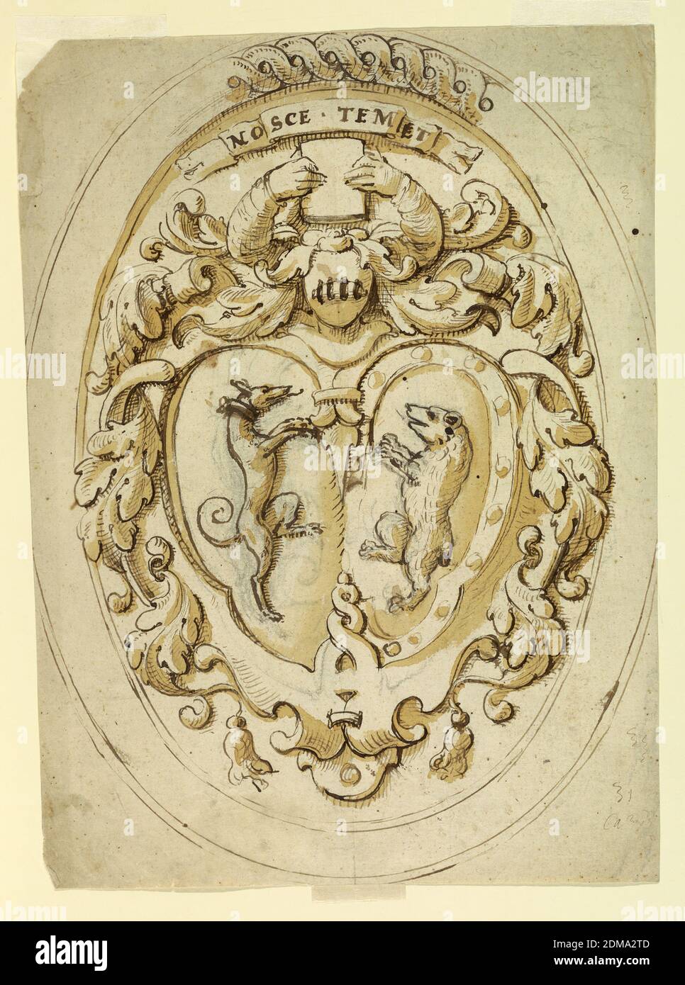 Disegno per un cappotto scolpito di armi; verso: Schizzi di disegni architettonici, gesso nero, penna e inchiostro, pennello e acquerello su carta, UN scagliolo di lavori contiene due scudi con un rampante levriero e un rampante orso, rispettivamente. Due braccia si alzano dal casco; le mani tengono un libro. Uno scroll con l'iscrizione NOSCE TEMET è sopra. Alle estremità inferiori delle spole pesanti per la mantellatura. Un fram stampato ovoidale per il quale è suggerita una fascia di interallacciamento nella sua parte superiore. In basso a destra, graffiando la penna e scritto 'CA...(?). Verso: Tre schizzi che si riferiscono ai voluti, mostrati obliquamente Foto Stock