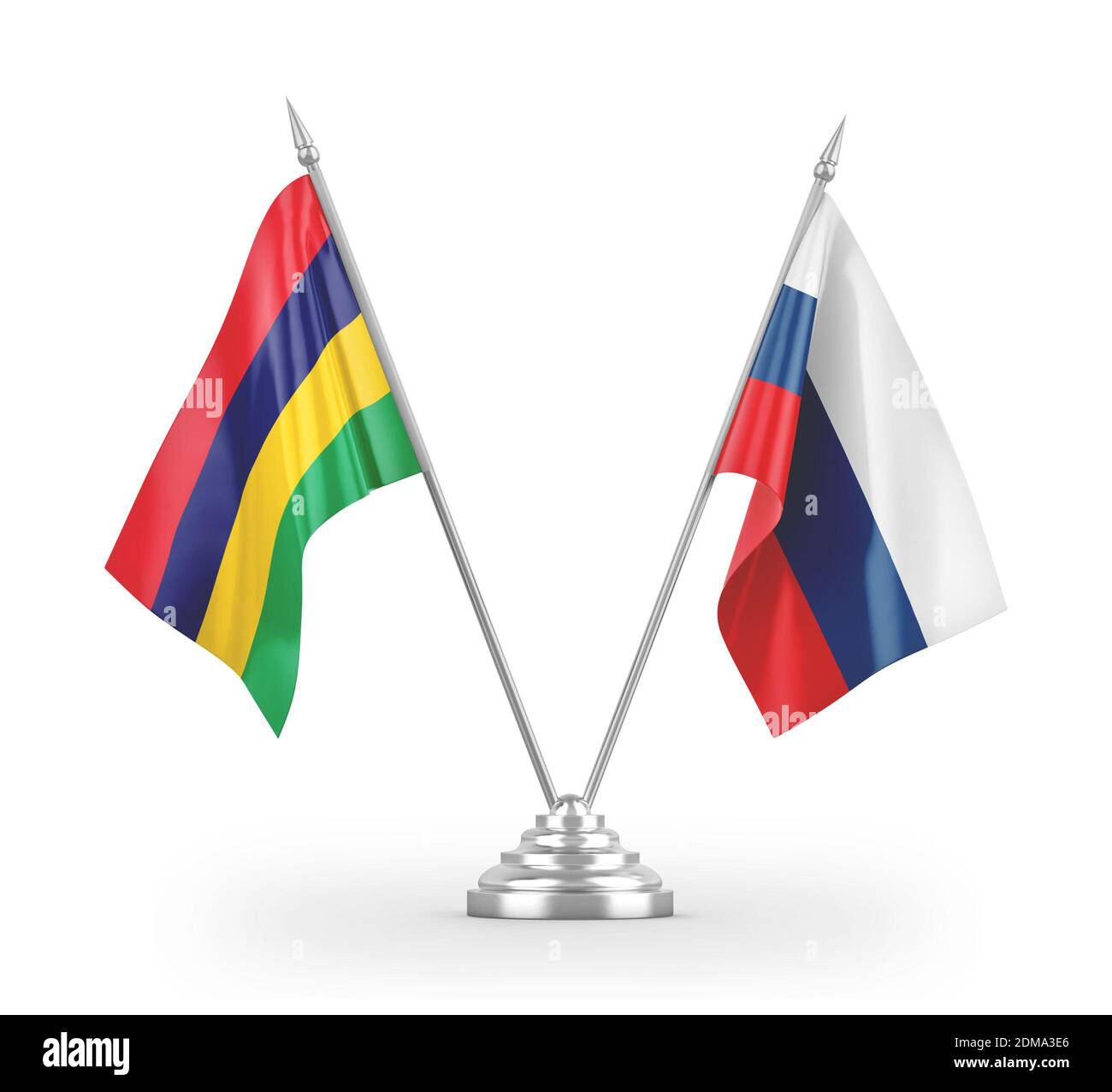 Le bandiere delle tabelle di Russia e Mauritius sono isolate sul rendering 3D bianco Foto Stock
