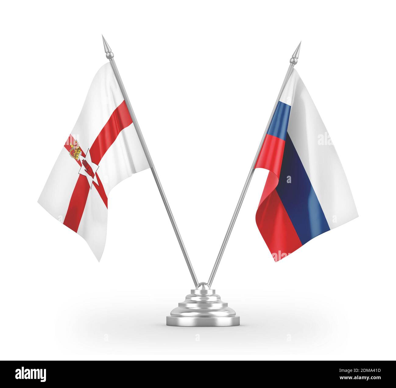Bandiere da tavolo per Russia e Irlanda del Nord isolate su 3D bianco rendering Foto Stock