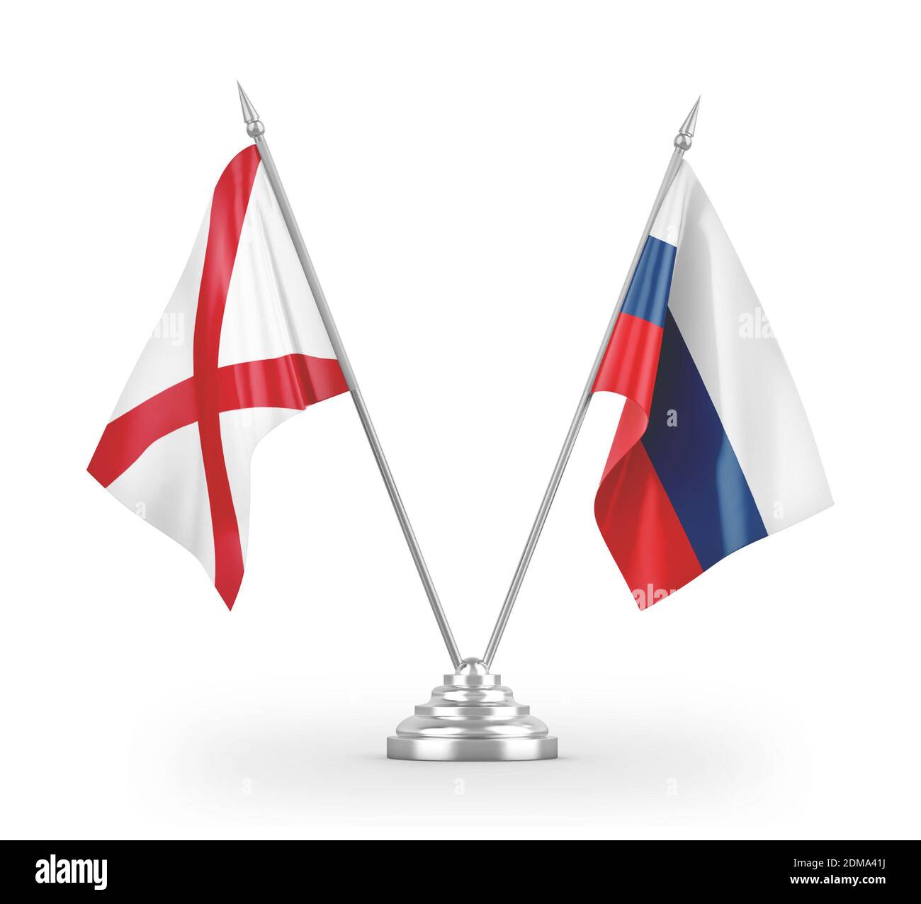 Bandiere da tavolo per Russia e Irlanda del Nord isolate su 3D bianco rendering Foto Stock