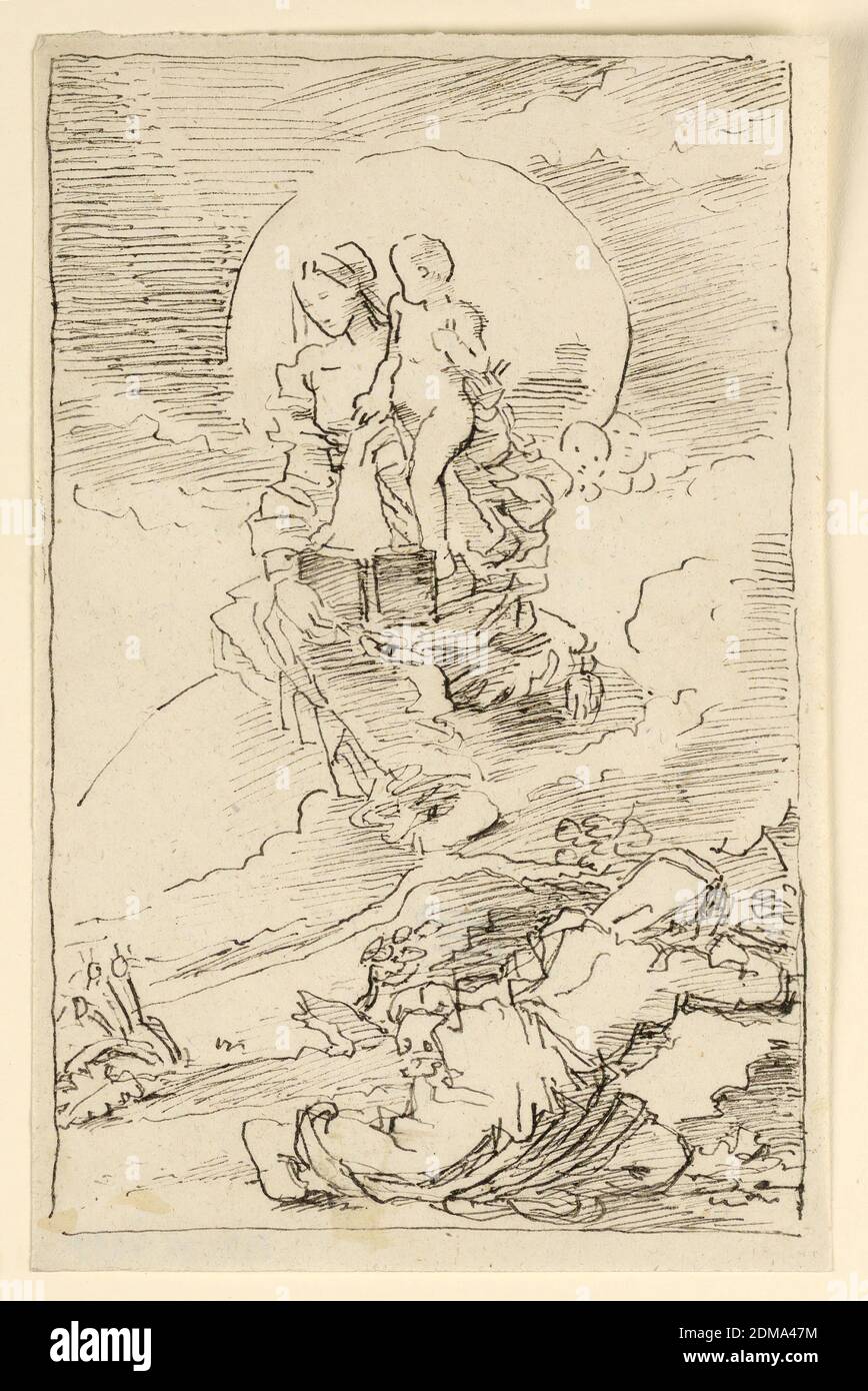 L'Eremita e la Vergine, fortunato Duranti, 1787 - 1863, penna e inchiostro di Bistre su carta, l'eremita è in primo piano, inginocchiato, rivolto a destra. La Vergine e il Bambino appaiono sopra su una nuvola, silhouette contro la luna piena. Racchiuso in una linea di framing., Roma, Italia, 1820–1850, disegno Foto Stock