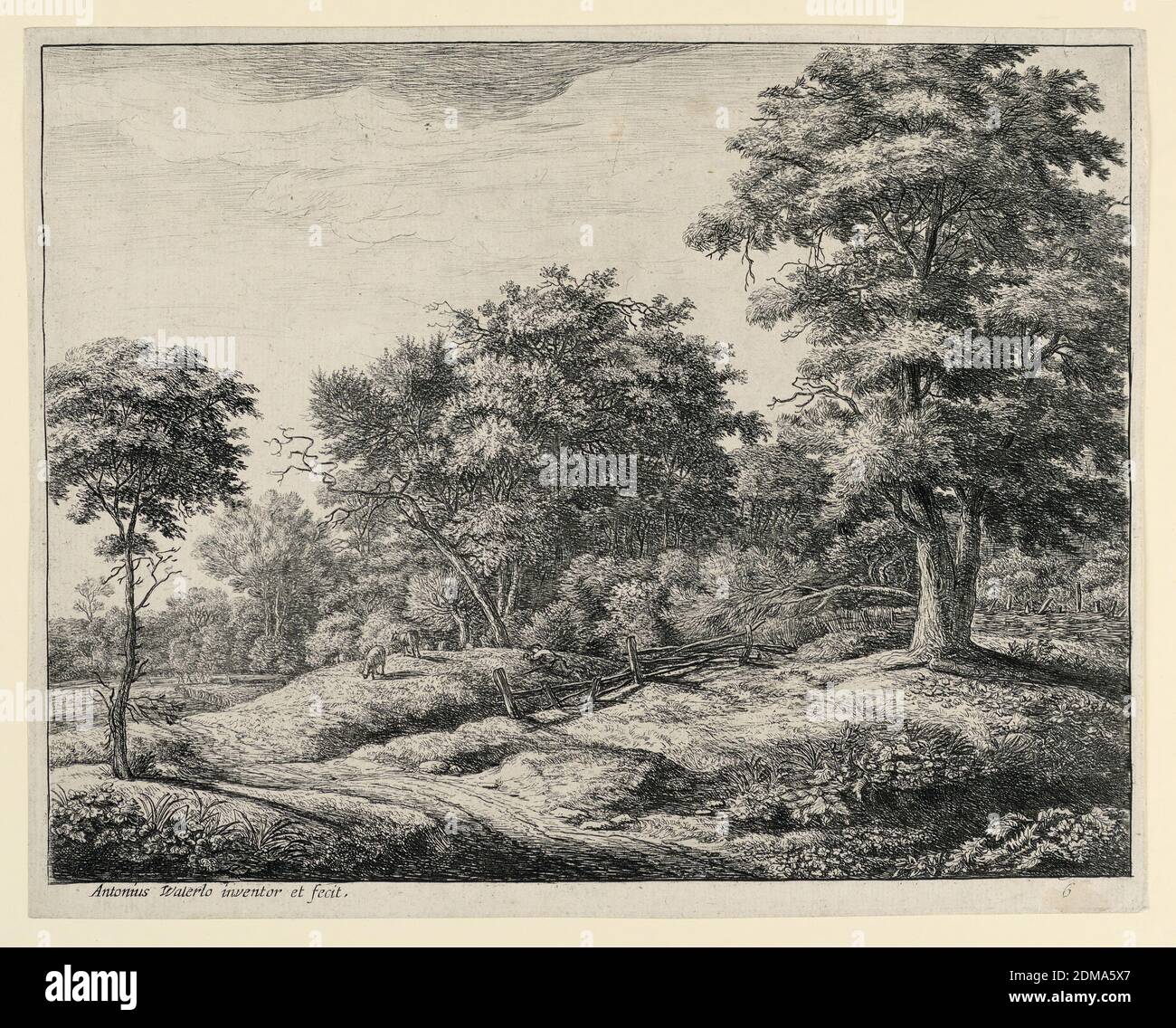 Paesaggio con una mucca-mandria addormentato su una riva erbosa, Antoni Waterloo, 1618–1677, incisione su carta, UNA strada attraversa campi ondulati, in cui il bestiame pascolano a sinistra centro distanza. Nelle vicinanze, un pastore dorme. Un grande albero in primo piano nel centro destro., Paesi Bassi, Amsterdam, Paesi Bassi, ca. 1650, Stampa Foto Stock