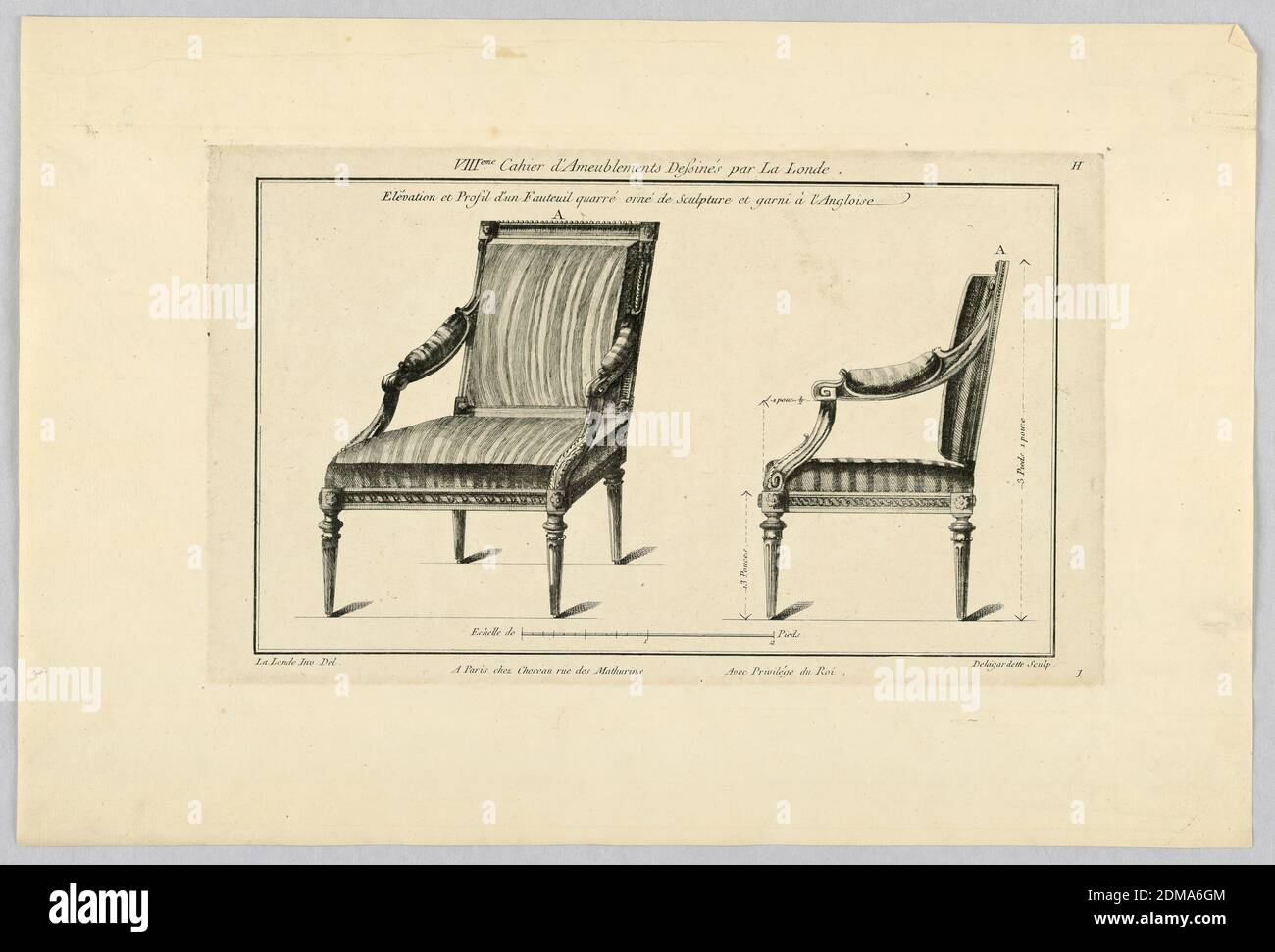 Elevation and Profile of an Armchair, Pierre Claude Delagardette, French, 1745 - 1792, Richard de Lalonde, French, Active 1780–96, incisione e incisione su carta, Europa, Francia, XVIII secolo, Stampa Foto Stock