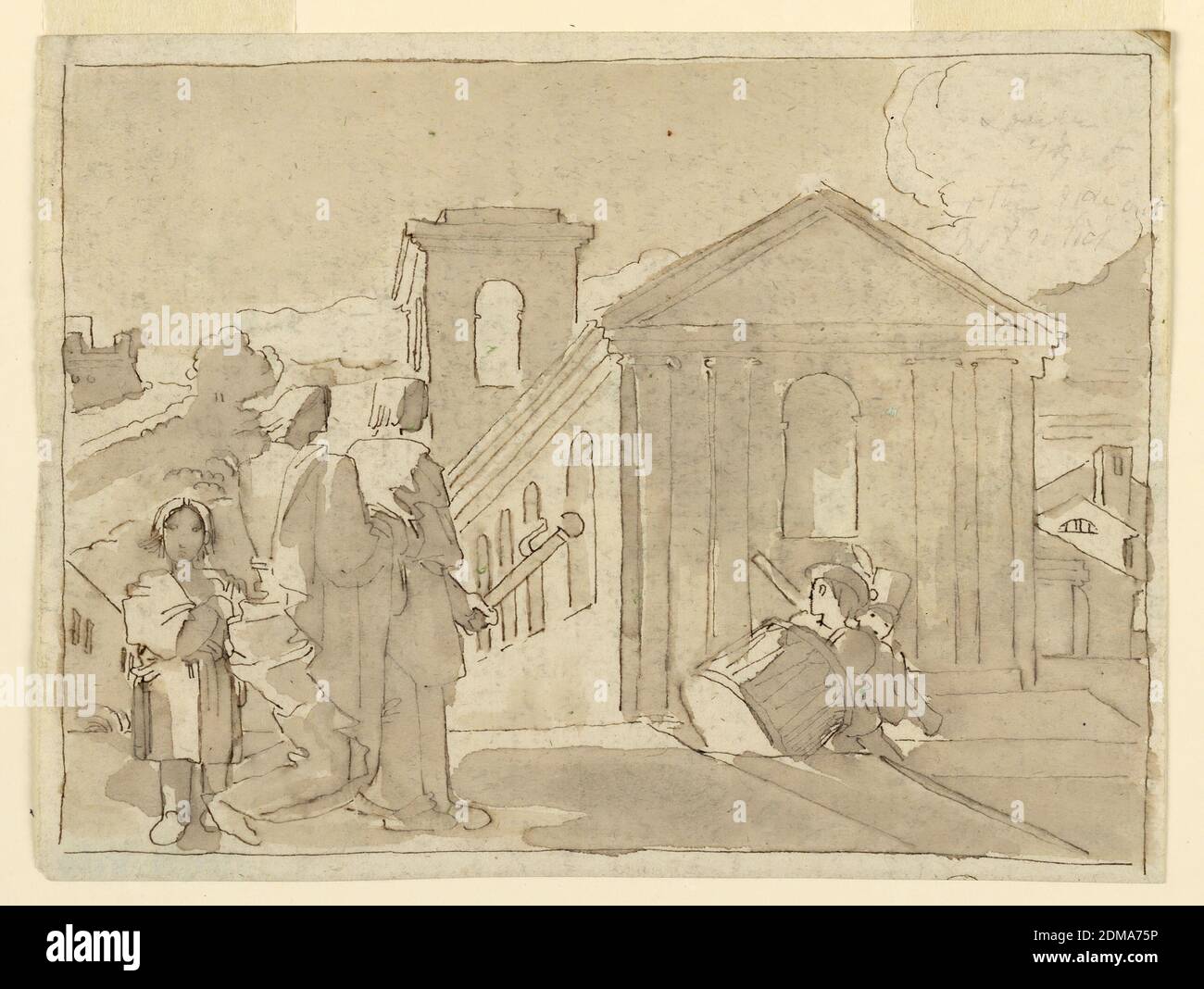 Esterno con architettura classica e figure con strumenti musicali, fortunato Duranti, Italiano, 1787 - 1863, penna e inchiostro, pennello e seppia lavaggio su carta, esterno con architettura classica e figure con strumenti musicali, Roma, Italia, 1820–1850, disegno Foto Stock
